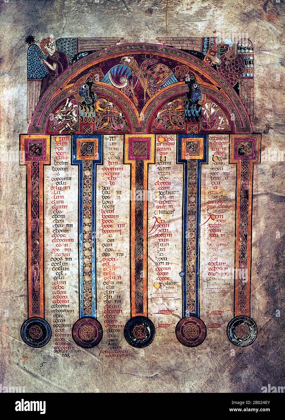 Irlande/Écosse : une page du Canon Eusabian. Le Livre de Kells, c. 800 EC. Le Livre de Kells (en irlandais : Leabhar Cheanannais) (Dublin, Trinity College Library, MS A. I. (58), parfois connu sous le nom de Livre de Columba) est un livre de l'Évangile manuscrit enluminé en latin, contenant les quatre Évangiles du Nouveau Testament ainsi que divers textes et tableaux du Préfatoire. Il a été créé par des moines celtiques vers 800 ou un peu plus tôt. Le texte des Évangiles est largement tiré de la Vulgate, bien qu'il comprenne également plusieurs passages tirés des versions antérieures de la Bible connues sous le nom de Vetus Latina. Banque D'Images