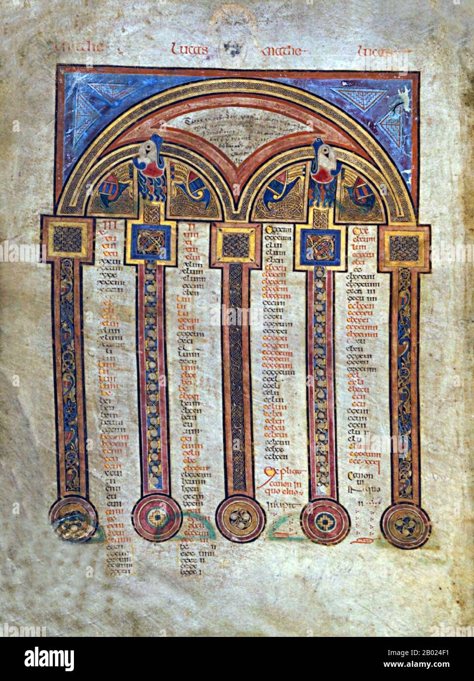 Irlande/Écosse : une page du Canon Eusabian. Le Livre de Kells, c. 800 EC. Le Livre de Kells (en irlandais : Leabhar Cheanannais) (Dublin, Trinity College Library, MS A. I. (58), parfois connu sous le nom de Livre de Columba) est un livre de l'Évangile manuscrit enluminé en latin, contenant les quatre Évangiles du Nouveau Testament ainsi que divers textes et tableaux du Préfatoire. Il a été créé par des moines celtiques vers 800 ou un peu plus tôt. Le texte des Évangiles est largement tiré de la Vulgate, bien qu'il comprenne également plusieurs passages tirés des versions antérieures de la Bible connues sous le nom de Vetus Latina. Banque D'Images