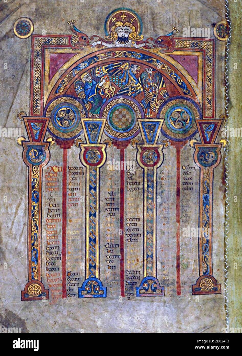 Irlande/Écosse : une page du Canon Eusabian. Le Livre de Kells, c. 800 EC. Le Livre de Kells (en irlandais : Leabhar Cheanannais) (Dublin, Trinity College Library, MS A. I. (58), parfois connu sous le nom de Livre de Columba) est un livre de l'Évangile manuscrit enluminé en latin, contenant les quatre Évangiles du Nouveau Testament ainsi que divers textes et tableaux du Préfatoire. Il a été créé par des moines celtiques vers 800 ou un peu plus tôt. Le texte des Évangiles est largement tiré de la Vulgate, bien qu'il comprenne également plusieurs passages tirés des versions antérieures de la Bible connues sous le nom de Vetus Latina. Banque D'Images