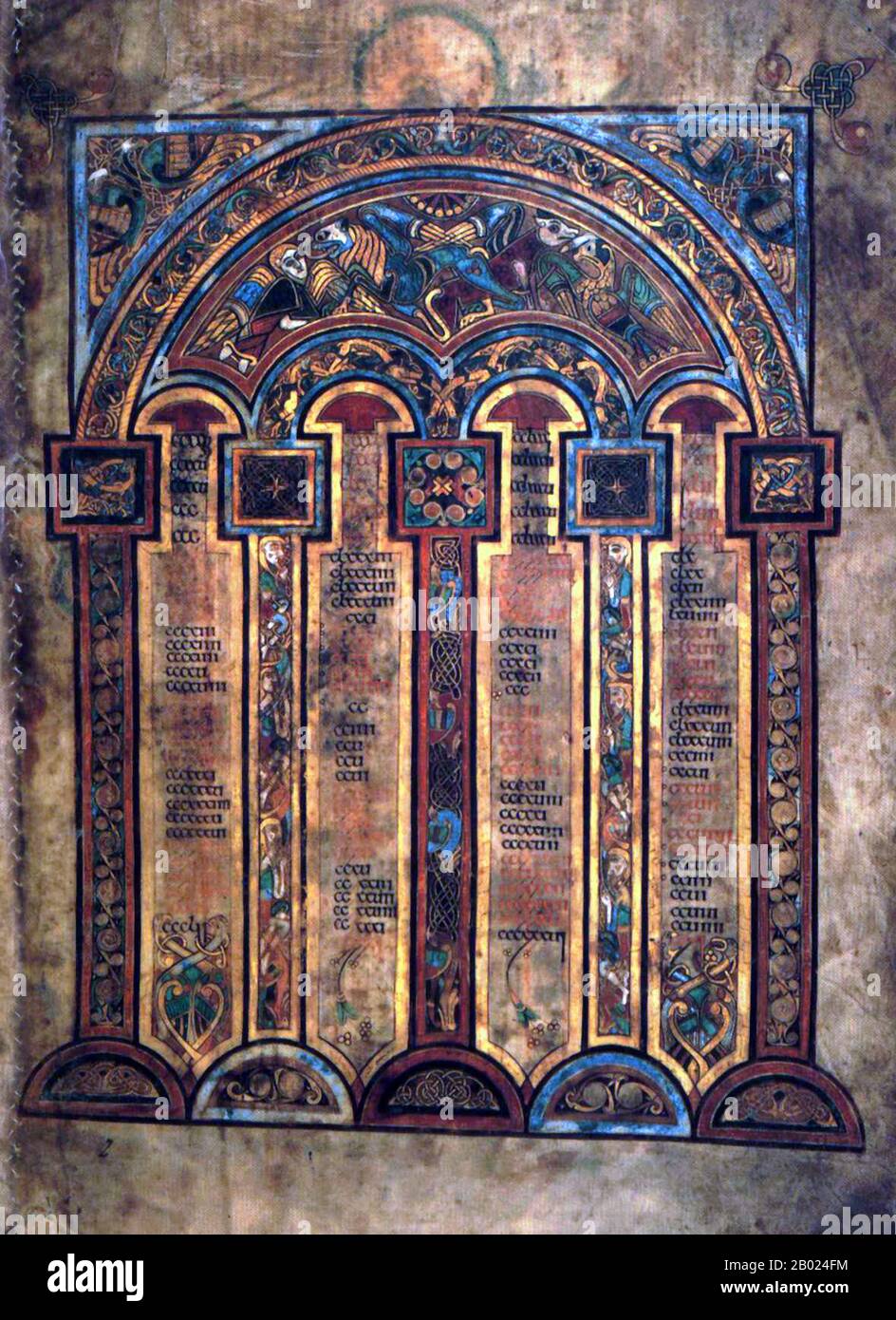 Irlande/Écosse : une page du Canon Eusabian. Le Livre de Kells, c. 800 EC. Le Livre de Kells (en irlandais : Leabhar Cheanannais) (Dublin, Trinity College Library, MS A. I. (58), parfois connu sous le nom de Livre de Columba) est un livre de l'Évangile manuscrit enluminé en latin, contenant les quatre Évangiles du Nouveau Testament ainsi que divers textes et tableaux du Préfatoire. Il a été créé par des moines celtiques vers 800 ou un peu plus tôt. Le texte des Évangiles est largement tiré de la Vulgate, bien qu'il comprenne également plusieurs passages tirés des versions antérieures de la Bible connues sous le nom de Vetus Latina. Banque D'Images