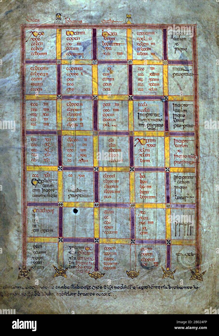 Irlande/Écosse : une page du Canon Eusabian. Le Livre de Kells, c. 800 EC. Le Livre de Kells (en irlandais : Leabhar Cheanannais) (Dublin, Trinity College Library, MS A. I. (58), parfois connu sous le nom de Livre de Columba) est un livre de l'Évangile manuscrit enluminé en latin, contenant les quatre Évangiles du Nouveau Testament ainsi que divers textes et tableaux du Préfatoire. Il a été créé par des moines celtiques vers 800 ou un peu plus tôt. Le texte des Évangiles est largement tiré de la Vulgate, bien qu'il comprenne également plusieurs passages tirés des versions antérieures de la Bible connues sous le nom de Vetus Latina. Banque D'Images
