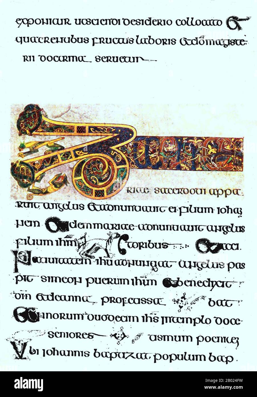 Irlande/Écosse : le folio 19 contient le début des Breves causae de Luc. Le Livre de Kells, c. 800 EC. Le Livre de Kells (en irlandais : Leabhar Cheanannais) (Dublin, Trinity College Library, MS A. I. (58), parfois connu sous le nom de Livre de Columba) est un livre de l'Évangile manuscrit enluminé en latin, contenant les quatre Évangiles du Nouveau Testament ainsi que divers textes et tableaux du Préfatoire. Il a été créé par des moines celtiques vers 800 ou un peu plus tôt. Le texte des Évangiles est largement tiré de la Vulgate, bien qu'il comprenne également plusieurs passages tirés de versions antérieures de la Bible. Banque D'Images