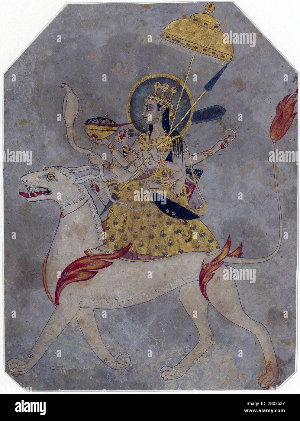 Durga (prononciation hindstani: [d̪uːrgaː]; sanskrit: दुर्गा); signifiant «l'inaccessible» ou «l'invincible») est une forme féroce populaire de la Déesse hindoue ou de Devi. Elle est représentée par de multiples (variablement, jusqu'à dix) armes, portant diverses armes et faisant monter un lion féroce ou un tigre. Elle est souvent représentée comme des démons qui se battent ou qui s'assaillent, en particulier Mahishasura, le démon de buffle. Pour les Shaktas, la déesse est parfois assimilée à Mahadevi, la déesse suprême. Son triomphe comme Mahishasura Mardini, Slayer du démon de buffle est un épisode central de l'écriture Devi Maha Banque D'Images