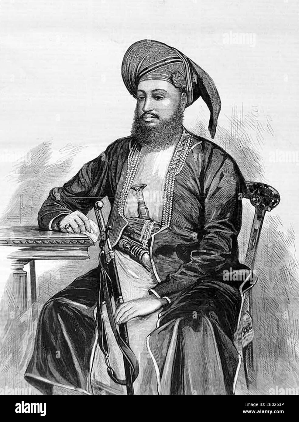 Tanzanie/Zanzibar : Sayyid Barghash bin Said al-Busaid (1837 - 26 mars 1888), sultan de Zanzibar. Gravure sur bois, 1875. Sayyid Barghash bin Said Al-Busaid, GCMG, GCTE, était le deuxième sultan de Zanzibar. Il règne à Zanzibar du 7 octobre 1870 au 26 mars 1888. Barghash est crédité de la construction d'une grande partie de l'infrastructure de Stone Town, y compris l'eau courante, les bains publics, une force de police, des routes, parcs, hôpitaux et grands bâtiments administratifs tels que l'appât el-Ajaib (Maison des merveilles). Barghash fut peut-être le dernier sultan à maintenir une certaine indépendance vis-à-vis du contrôle européen. Banque D'Images