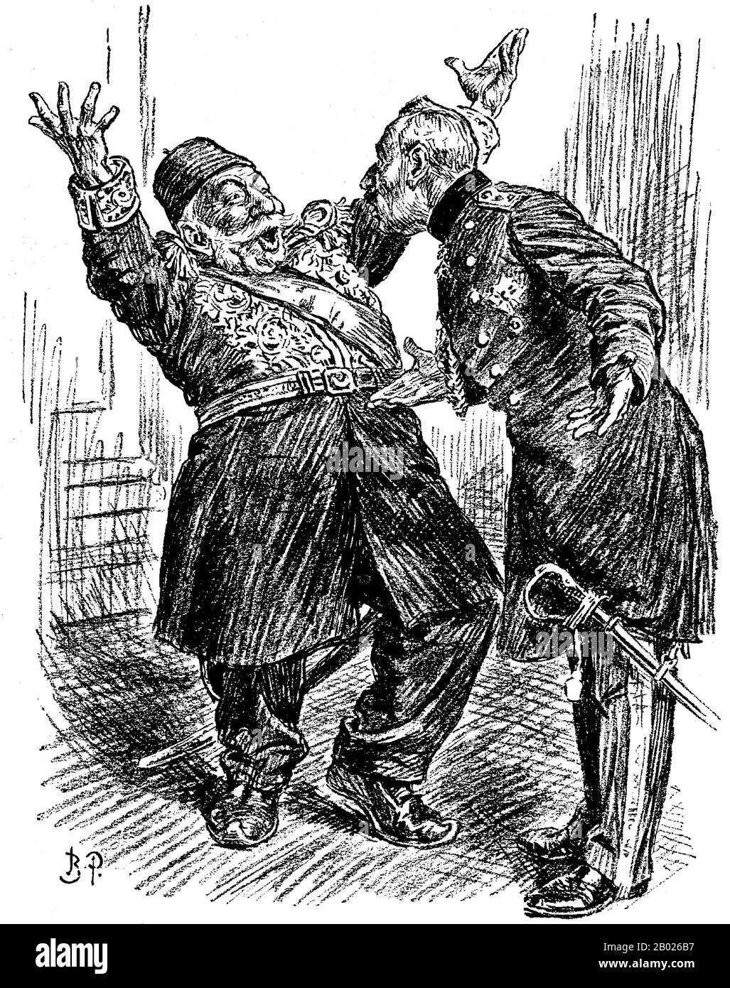 Turquie : le sultan ottoman Mehmed V célèbre le retrait allié de Gallipoli devant un sceptique kaiser allemand. Illutration par Bernard Partridge pour Punch, 1916. La campagne de Gallipoli, également connue sous le nom de campagne des Dardanelles ou bataille de Gallipoli ou bataille de Çanakkale, a eu lieu sur la péninsule de Gallipoli dans l'Empire ottoman (aujourd'hui Gelibolu dans la Turquie actuelle) entre le 25 avril 1915 et le 9 janvier 1916, pendant la première Guerre mondiale. Une opération conjointe britannique et française a été organisée pour capturer la capitale ottomane Constantinople (Istanbul) et sécuriser une route maritime vers la Russie. Banque D'Images