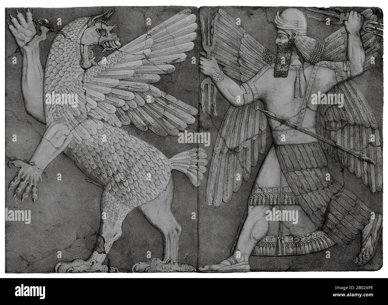 Irak : Marduk, Dieu soleil de Babylone, avec ses tonnerres, poursuit Tiamat après que ce dernier ait volé les tablettes du destin. Numérisation de plaque de gravure d'un bas-relief de Ninive, c. 700 av. J.-C. Dans la religion mésopotamienne (sumérien, assyrien, akkadien et babylonien), Tiamat est un monstre du chaos, une déesse primordiale de l'océan, s'accouplant avec Abzû (le Dieu de l'eau douce) pour produire des dieux plus jeunes. Marduk était le nom babylonien d'un Dieu de la dernière génération de l'ancienne Mésopotamie et divinité patronne de la ville de Babylone. Banque D'Images