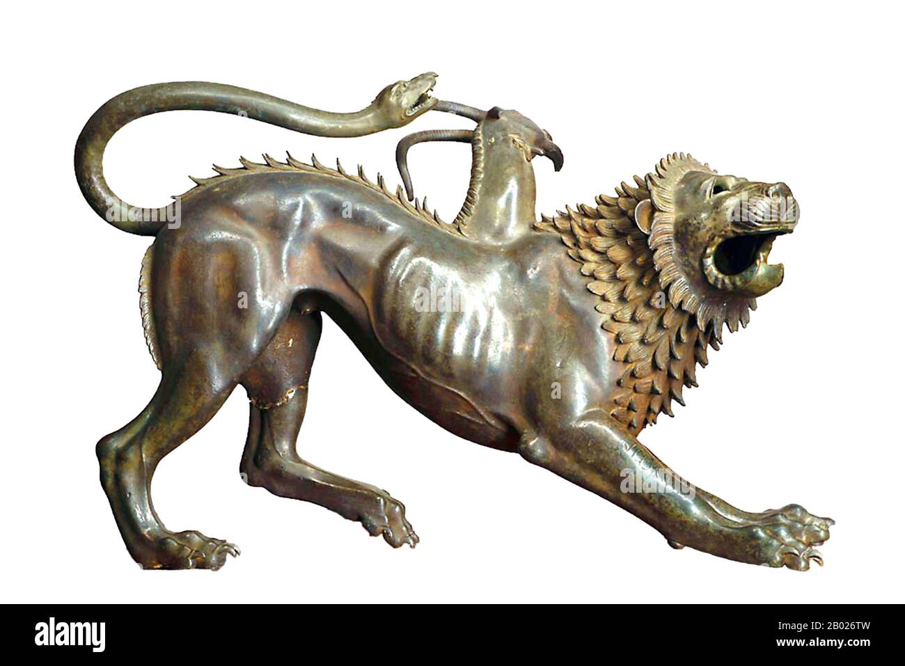 Italie : la 'chimère d'Arezzo', c. 400 BCE. Le bronze 'chimère d'Arezzo' est l'un des exemples les plus connus de l'art des Étrusques. Dans la mythologie grecque, la monstrueuse chimère ravage sa patrie, la Lycie, jusqu'à ce qu'elle soit tuée par Bellérophon. La tête de chèvre de la chimère a une blessure infligée par ce héros grec. Basée sur la représentation de la peur et de la blessure infligée, cette sculpture peut avoir fait partie d'un ensemble qui aurait inclus une sculpture en bronze de Bellerophon. Banque D'Images