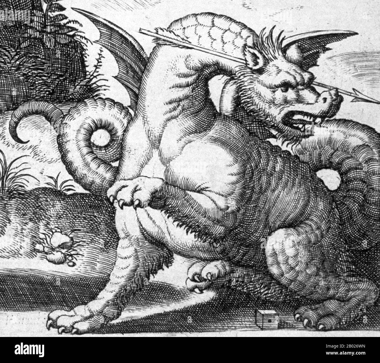Grèce/Italie : le python mythologique. Détail de la gravure 'Apollo tuant le Python' par le maître de la mort (fl. 1530-1560) d'après Baldassare Tommaso Peruzzi (1481-1537), vers 1530-1560. Dans la mythologie grecque, Python était le dragon de terre de Delphes, toujours représenté dans la sculpture grecque et les peintures de vase comme un serpent. Il a présidé l'oracle Delphique, qui existait dans le centre de culte de sa mère, Gaia, « Terre », Pytho étant le nom de lieu qui a été remplacé par le précédent Krisa. Hellène considérait le site comme le centre de la terre, représenté par une pierre, l'omphale ou nombril. Banque D'Images