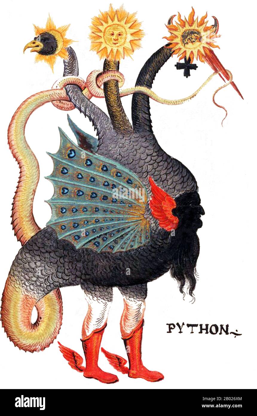 Allemagne/Italie/Grèce : le Python Mercurius comme un dragon à trois têtes. Illustration gravée sur bois à l'origine par Giovanni Battista Nazari, v. 1600. Dans la mythologie grecque, Python était le dragon de terre de Delphes, toujours représenté dans la sculpture grecque et les peintures de vase comme un serpent. Il a présidé l'oracle Delphique, qui existait dans le centre de culte de sa mère, Gaia, « Terre », Pytho étant le nom de lieu qui a été remplacé par le précédent Krisa. Hellène considérait le site comme le centre de la terre, représenté par une pierre, l'omphale ou nombril, que Python gardait. Banque D'Images