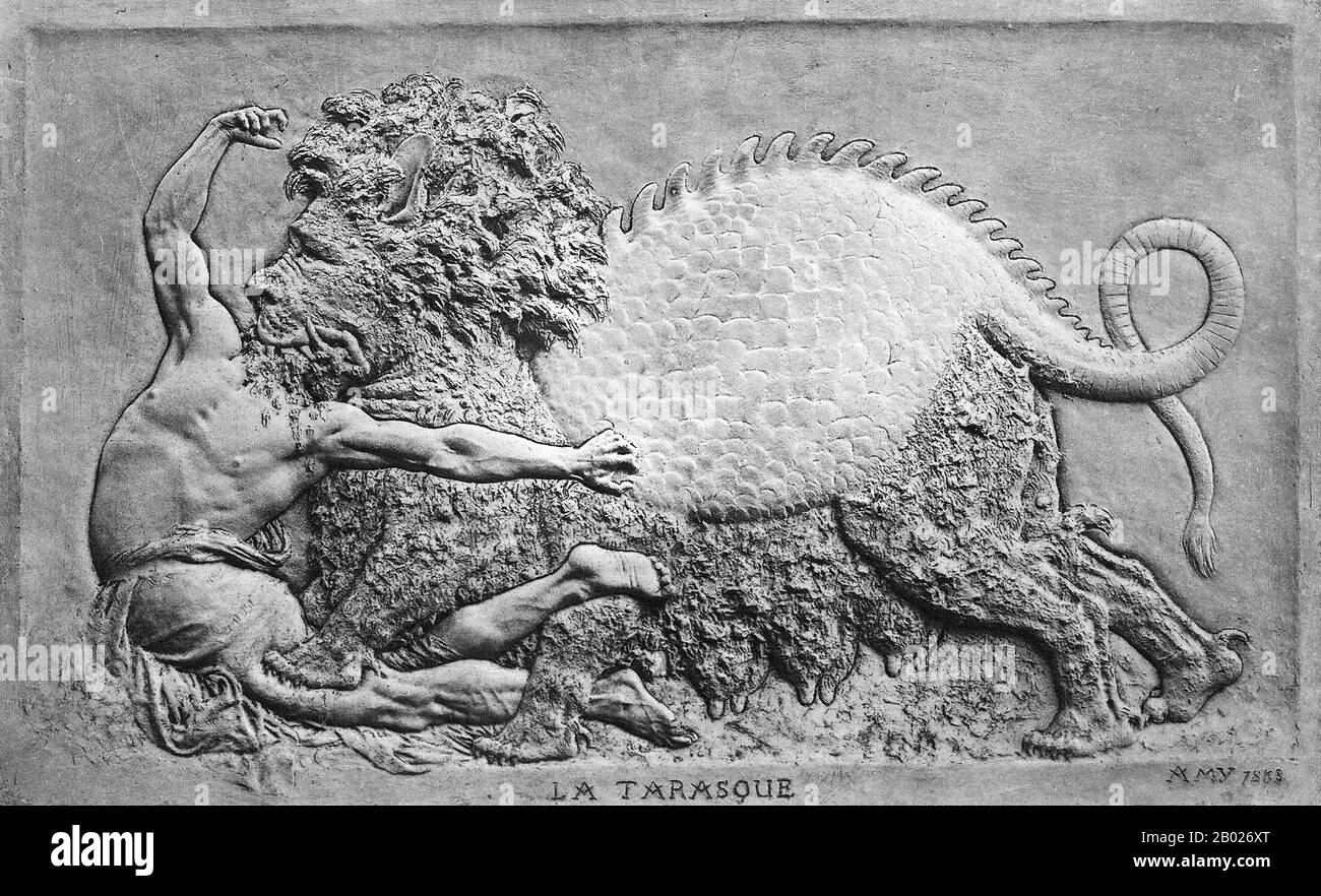 France : le Tarasque consommant une victime. Gravure d'un bas-relief par Jean Barnabé Amy (1839-1907), 1885. La Tarasque est un redoutable dragon légendaire de Provence, dans le sud de la France, apprivoisé dans une histoire sur Sainte Marthe. La légende rapportée entre autres par la légende d'Or raconte que la créature habitait la région de Nerluc en Provence, en France, et dévastait le paysage de loin. Le Tarasque était une sorte de dragon avec six pattes courtes comme un ours, un corps ressemblant à un boeuf recouvert d'une carapace de tortue, et une queue écailleuse qui se terminait par une piqûre de scorpion. Il avait une tête de lion. Banque D'Images