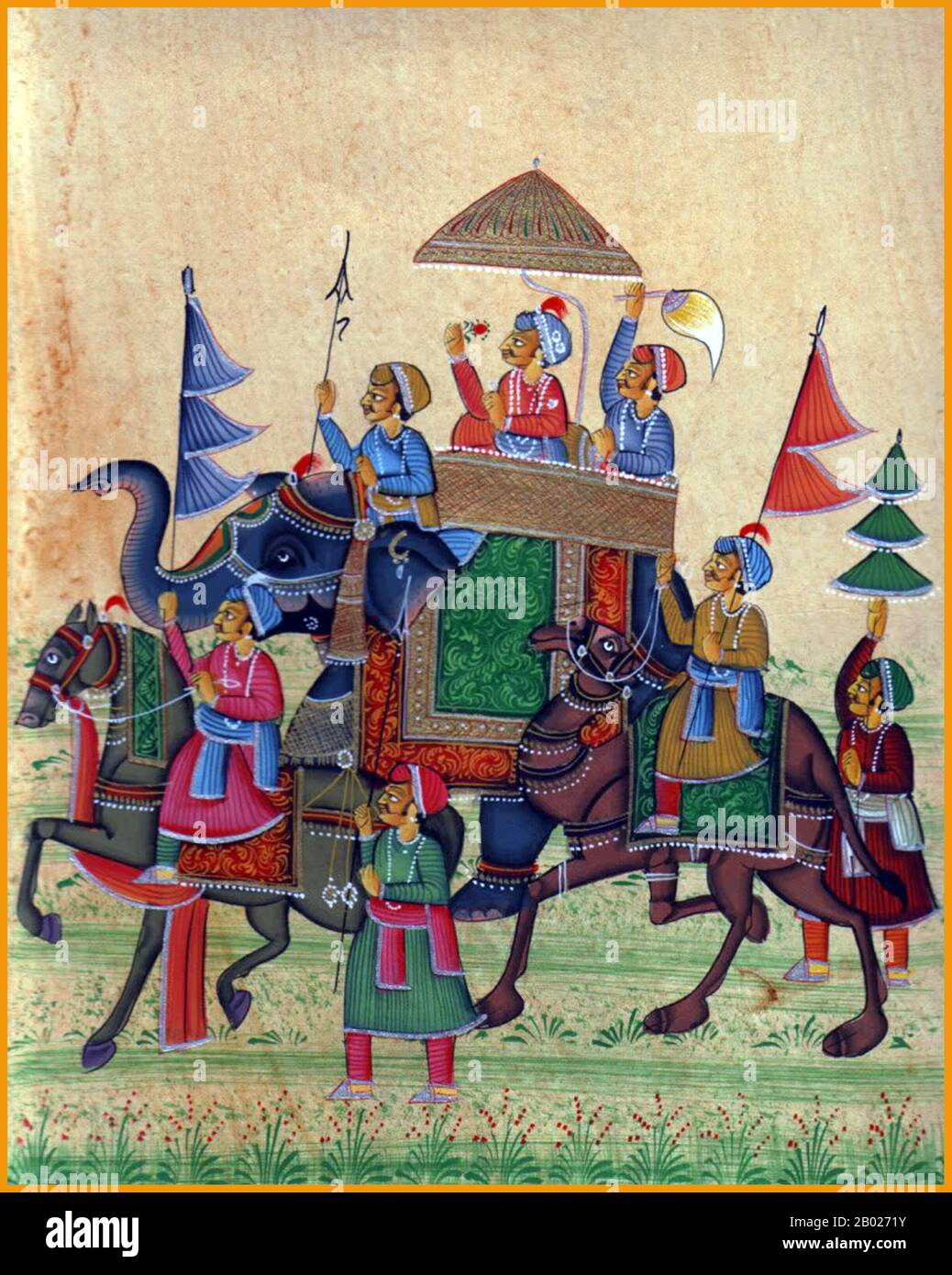 Inde : un souverain Rajput en procession sur dos d'éléphant, Rajasthan. Peinture à l'aquarelle miniature, v. XIXe siècle. Rajput (du sanskrit raja-putra, « fils d'un roi ») est un membre de l'un des clans patrilinéaires de l'ouest, du centre, du nord de l'Inde et de certaines parties du Pakistan. Ils prétendent être les descendants des classes dirigeantes de guerriers hindous de l'Inde du Nord. Rajputs a pris de l'importance au cours du vie au XIIe siècle. Jusqu'au XXe siècle, Rajputs régnait dans l'écrasante majorité des états princiers du Rajasthan et du Surashtra, où se trouvaient le plus grand nombre d'états princiers. Banque D'Images