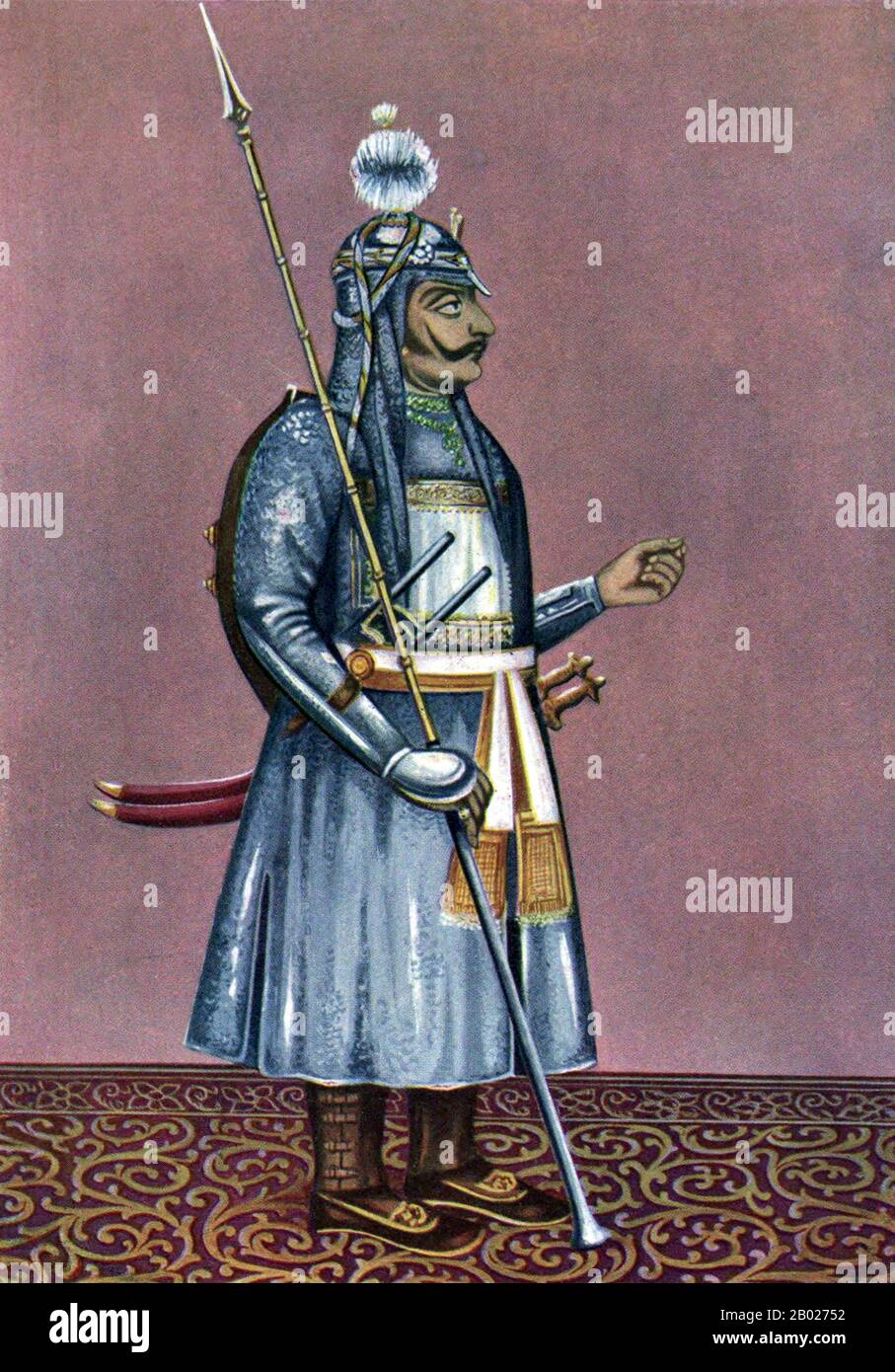 Inde : Maharana Pratap Singh (9 mai 1540 - 29 janvier 1597), souverain de Mewar, Rajasthan. Illustration de Jessrajsingh Seesodia, v. 1915. Maharana Pratap Singh était un souverain hindou Rajput de Mewar, une région du nord-ouest de l'Inde dans l'état actuel du Rajasthan. Dans la culture populaire indienne, Pratap est considéré comme un exemple de qualités telles que la bravoure et la chevalerie auxquelles les Rajputs aspirent, en particulier dans le contexte de son opposition à l'empereur moghol Akbar. Banque D'Images Inde : Maharana Pratap Singh (9 mai 1540 - 29 janvier 1597), souverain de Mewar, Rajasthan. Illustration de Jessrajsingh Seesodia, v. 1915. Maharana Pratap Singh était un souverain hindou Rajput de Mewar, une région du nord-ouest de l'Inde dans l'état actuel du Rajasthan. Dans la culture populaire indienne, Pratap est considéré comme un exemple de qualités telles que la bravoure et la chevalerie auxquelles les Rajputs aspirent, en particulier dans le contexte de son opposition à l'empereur moghol Akbar. Banque D'Images