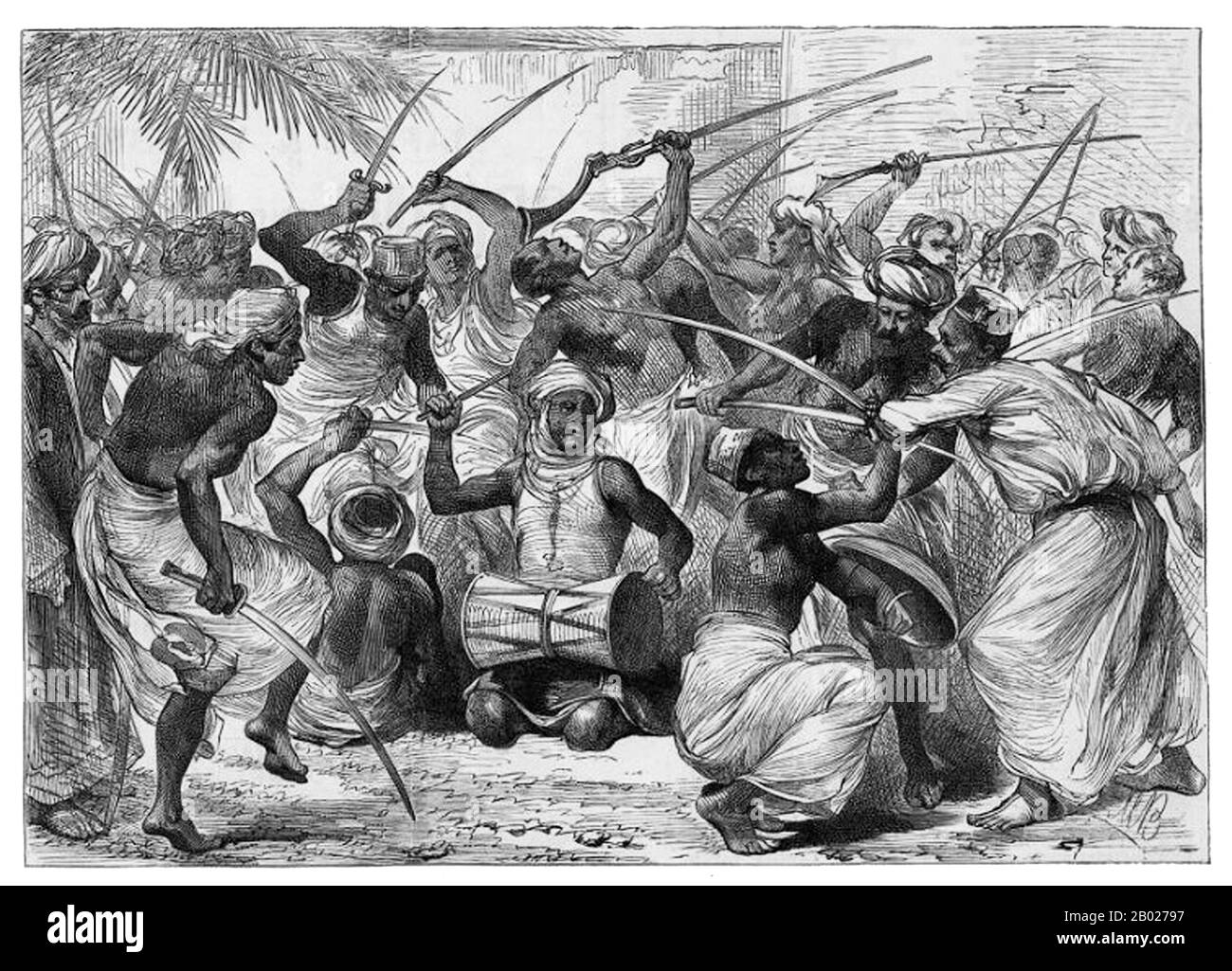 Tanzanie/Zanzibar : 'danse de guerre des troupes irrégulières du sultan de Zanzibar'. Gravure de William Algernon Churchill (1865-1947), c. 1885. Zanzibar est une partie semi-autonome de la Tanzanie en Afrique de l'est. Il est composé de l'archipel de Zanzibar dans l'océan Indien, à 25-50 km (16-31 mi) au large des côtes du continent, et se compose de nombreuses petites îles et deux grandes : Unguja (l'île principale, appelée officieusement Zanzibar), et Pemba. La capitale de Zanzibar, située sur l'île d'Unguja, est la ville de Zanzibar. Son centre historique, connu sous le nom de Stone Town, est un site du patrimoine mondial. Banque D'Images