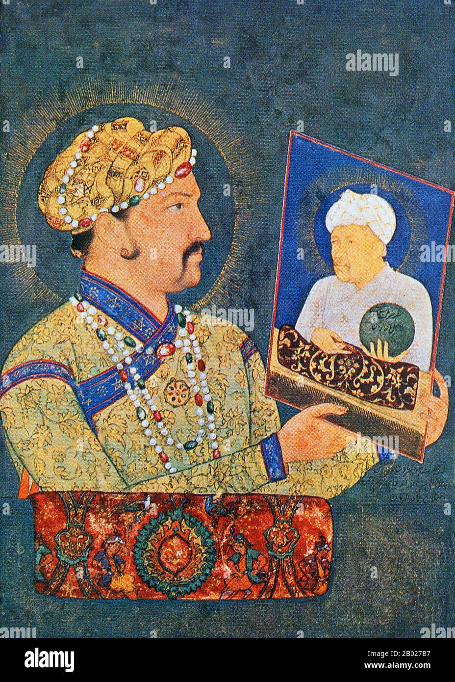 Jahangir (Hindi: नूरुद्दीन सलीम जहांगीर Urdu: سلیم جهانگیر نورالدینPersian: نورالدین سلیم جهانگیر) (titre complet: Al-Sultan al-'Azam wal Khaqan al-Mukarram, Khushru-i-Giti Panah, Abu'l-Fath Nur-ud-din Muhammad Jahangir Padshah Ghazi [Jannat-Makaani]) (20 septembre 1569 – mort de l'Empire Mughal du 27 novembre 1605. Le nom Jahangir est de Persian جهانگیر, signifiant 'World Conqueror'. Nur-ud-DIN ou Nur al-Din est un nom arabe qui signifie "lumière de la foi". Né en tant que prince Muhammad Salim, il était le troisième et aîné fils survivant de l'empereur Mogul Akbar. Banque D'Images