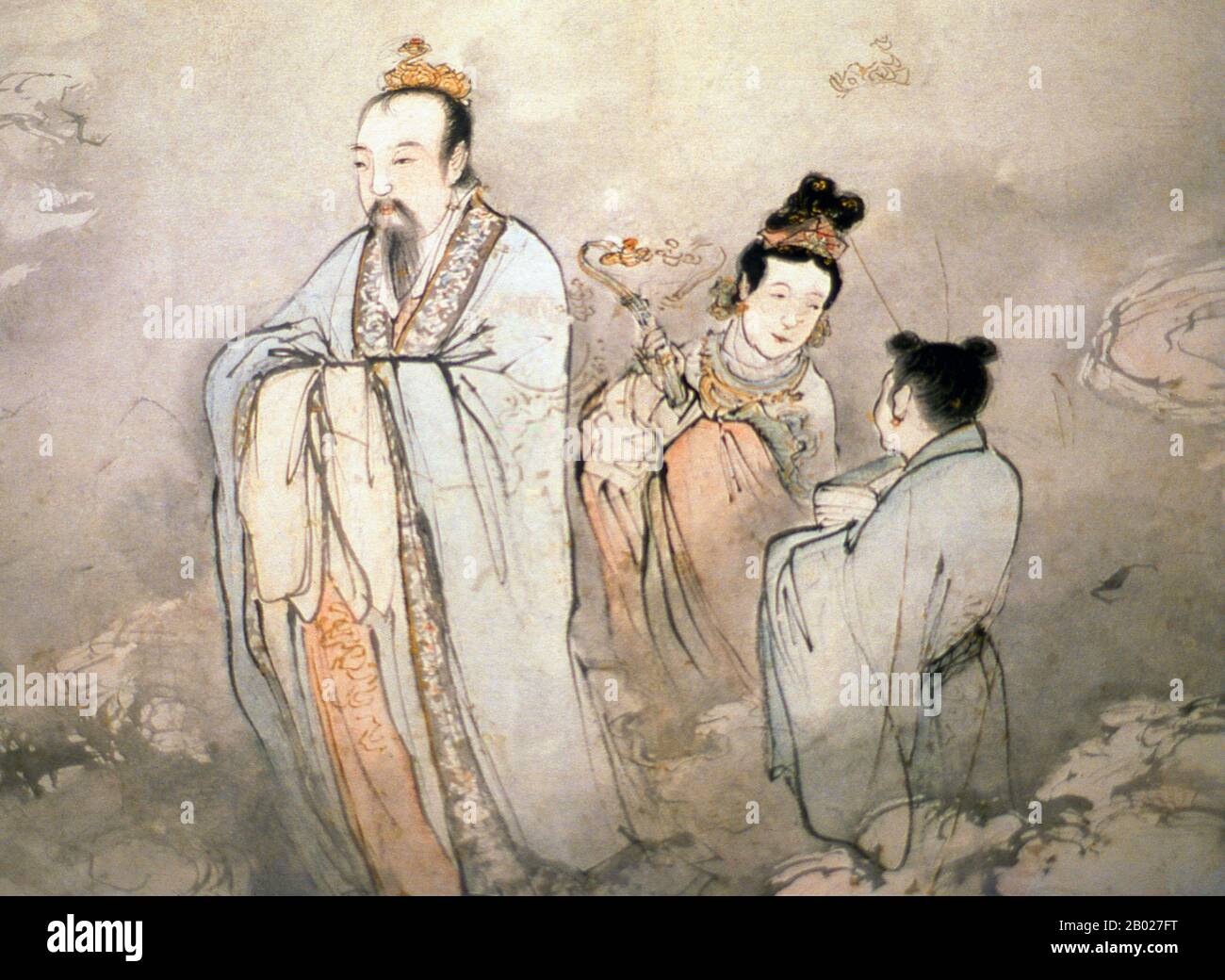 Un défilement suspendu (chinois: 立軸; pinyin: lìzhóu; également appelé 軸 ou 掛軸) est l'une des nombreuses façons traditionnelles d'afficher et d'exposer la peinture chinoise et la calligraphie. L'affichage de l'art de telle manière était approprié pour l'appréciation et l'évaluation publiques de l'esthétique du défilement dans son intégralité par le public. L'artisanat traditionnel impliqué dans la création d'une telle œuvre est considéré comme un art en soi. Les fixations peuvent être divisées en quelques sections, telles que les rouleaux à main, les rouleaux suspendus, les feuilles d'album et les écrans entre autres. Banque D'Images