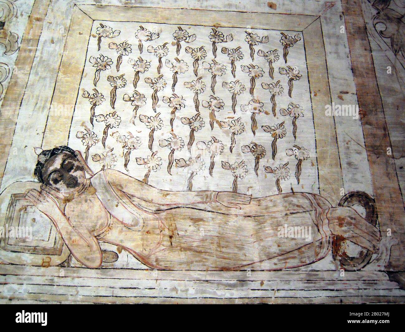 Birmanie/Myanmar : murale au temple Gubyaukgyi, Bagan, 10ème-11ème siècle de notre ère. Photo de Shravasti Dhammika (licence CC BY-sa 3,0). Le temple de Gubyaukgyi, près du village de Wetkyi-in, affiche une forte influence indienne. Sa flèche n'est pas la forme habituelle de cigale mais droite et effilée comme celle de la pagode Maha Bodhi dans le village de Bagan. Le temple Gubyaukgyi a été restauré en 1468. À l'intérieur se trouvent les restes de peintures murales de tempera, y compris une charmante de Bouddha Gautama pendant son incarnation comme ermite marchant avec sa mère, ainsi qu'une frise des 28 Bouddhas. Banque D'Images