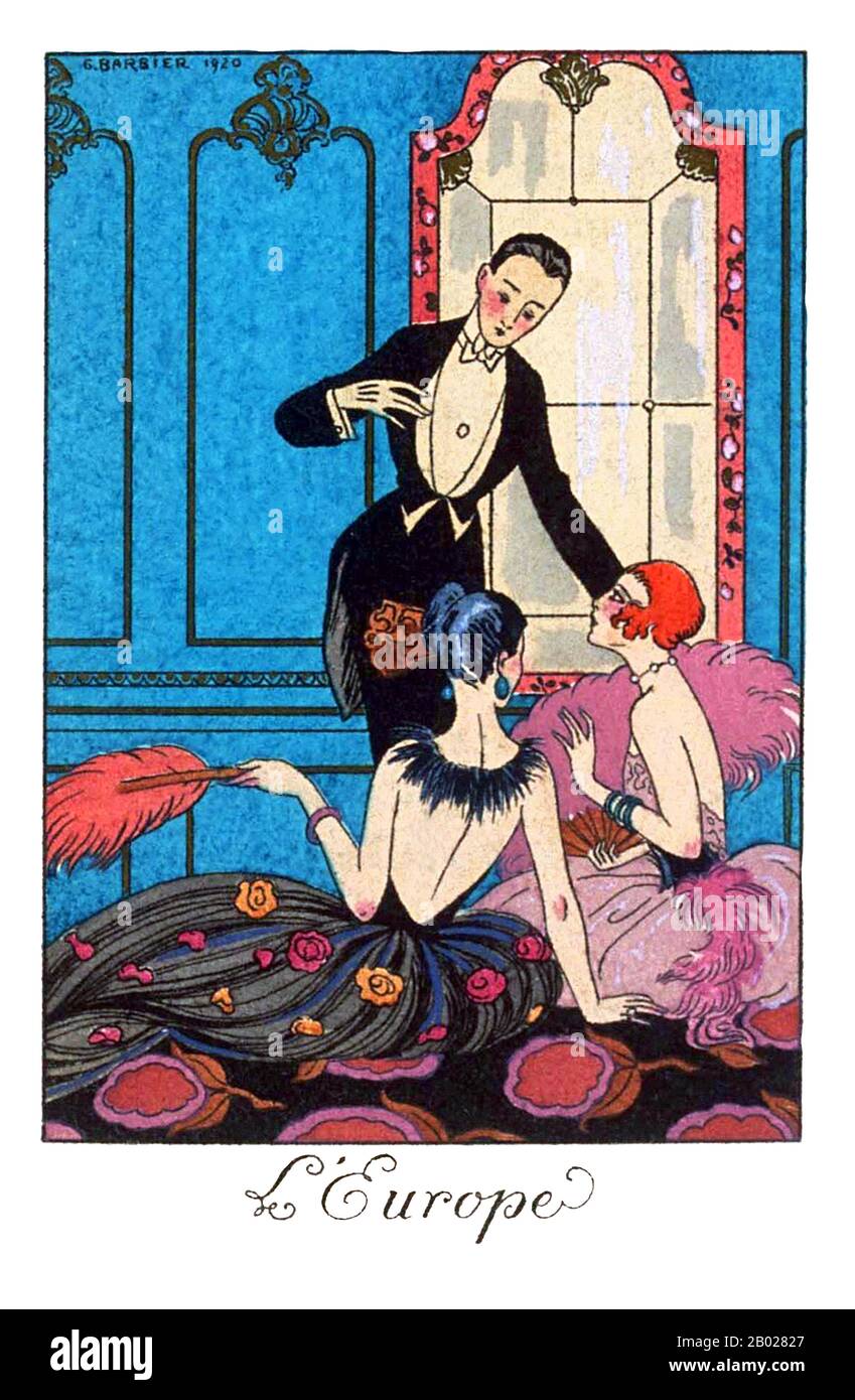 France : 'L'Europe'. Illustration tirée de 'la Guirlande des mois' par George Barbier (16 octobre 1882 - 19 mars 1932), 1920. George Barbier fut l’un des grands illustrateurs français du début du XXe siècle. Né à Nantes, Barbier a 29 ans lorsqu’il monte sa première exposition en 1911 et est ensuite porté au premier plan de sa profession avec des commandes pour concevoir des costumes de théâtre et de ballet, illustrer des livres et produire des illustrations de mode haute couture. Banque D'Images
