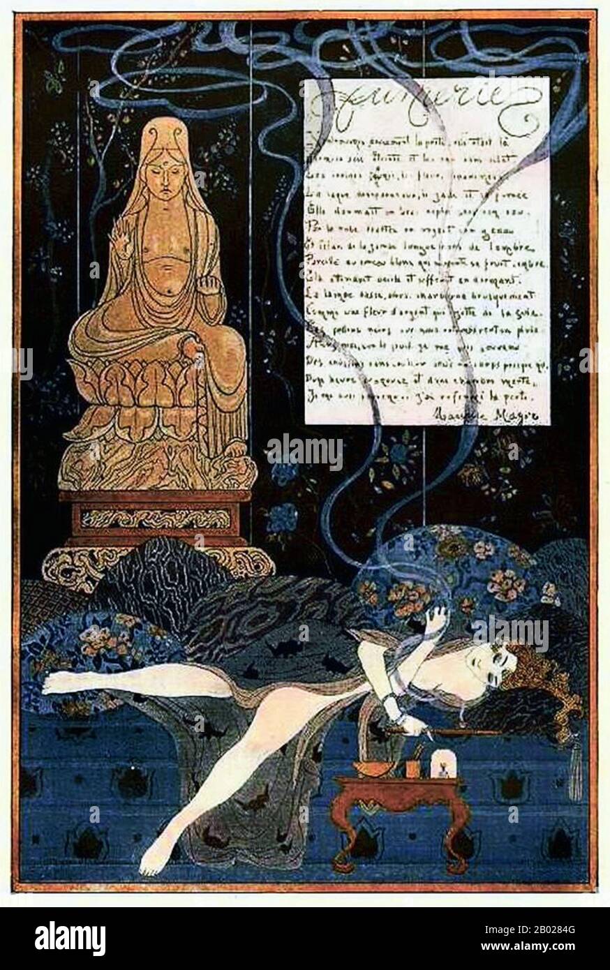 France : 'opium Den'. Illustration tirée de 'Fantasio' de George Barbier (16 octobre 1882 - 19 mars 1932), 1915. George Barbier fut l’un des grands illustrateurs français du début du XXe siècle. Né à Nantes, Barbier a 29 ans lorsqu’il monte sa première exposition en 1911 et est ensuite porté au premier plan de sa profession avec des commandes pour concevoir des costumes de théâtre et de ballet, illustrer des livres et produire des illustrations de mode haute couture. Banque D'Images