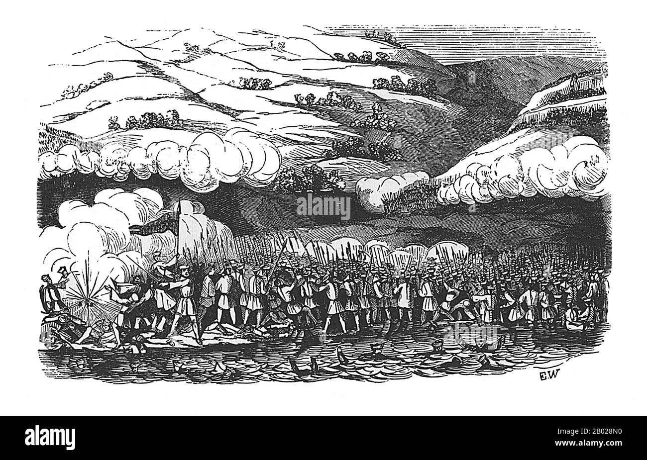 Chine : "Clôture de l'engagement à Chin-Hae". Gravure sur bois de John Ouchterlony, 1844. La première guerre anglo-chinoise (1839-1842), connue sous le nom de première guerre de l'opium ou simplement guerre de l'opium, a opposé le Royaume-Uni et la dynastie Qing de Chine sur leurs points de vue contradictoires sur les relations diplomatiques, le commerce et l'administration de la justice. Les autorités chinoises voulaient arrêter ce qui était perçu comme une sortie d'argent et contrôler la propagation de l'opium, et confisquaient les approvisionnements en opium des commerçants britanniques. Banque D'Images