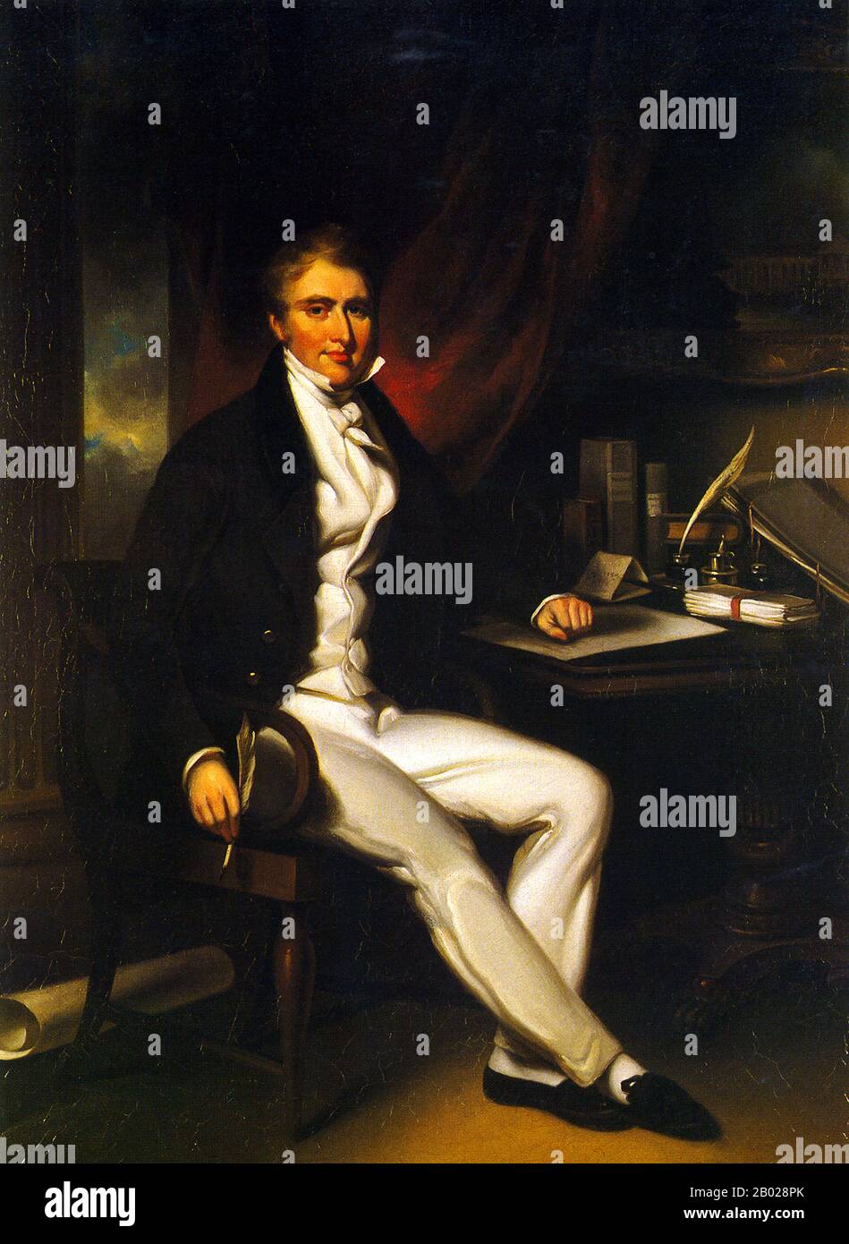 Royaume-Uni/Chine : William Jardine (24 février 1784 - 27 février 1843), médecin et marchand écossais. Il a cofondé le conglomérat de Hong Kong Jardine, Matheson and Company en 1832. Huile sur toile de George Chinnery (1774-1852), v. 1840. Jardine, l'un des cinq enfants, est né en 1784 dans une petite ferme près de Lochmaben, Dumfriesshire, Écosse. Son père, Andrew Jardine, est décédé à l'âge de neuf ans, menant la famille dans des difficultés économiques. Bien qu'il ait du mal à joindre les deux bouts, David, le frère aîné de Jardine, lui a fourni de l'argent pour aller à l'école. Banque D'Images