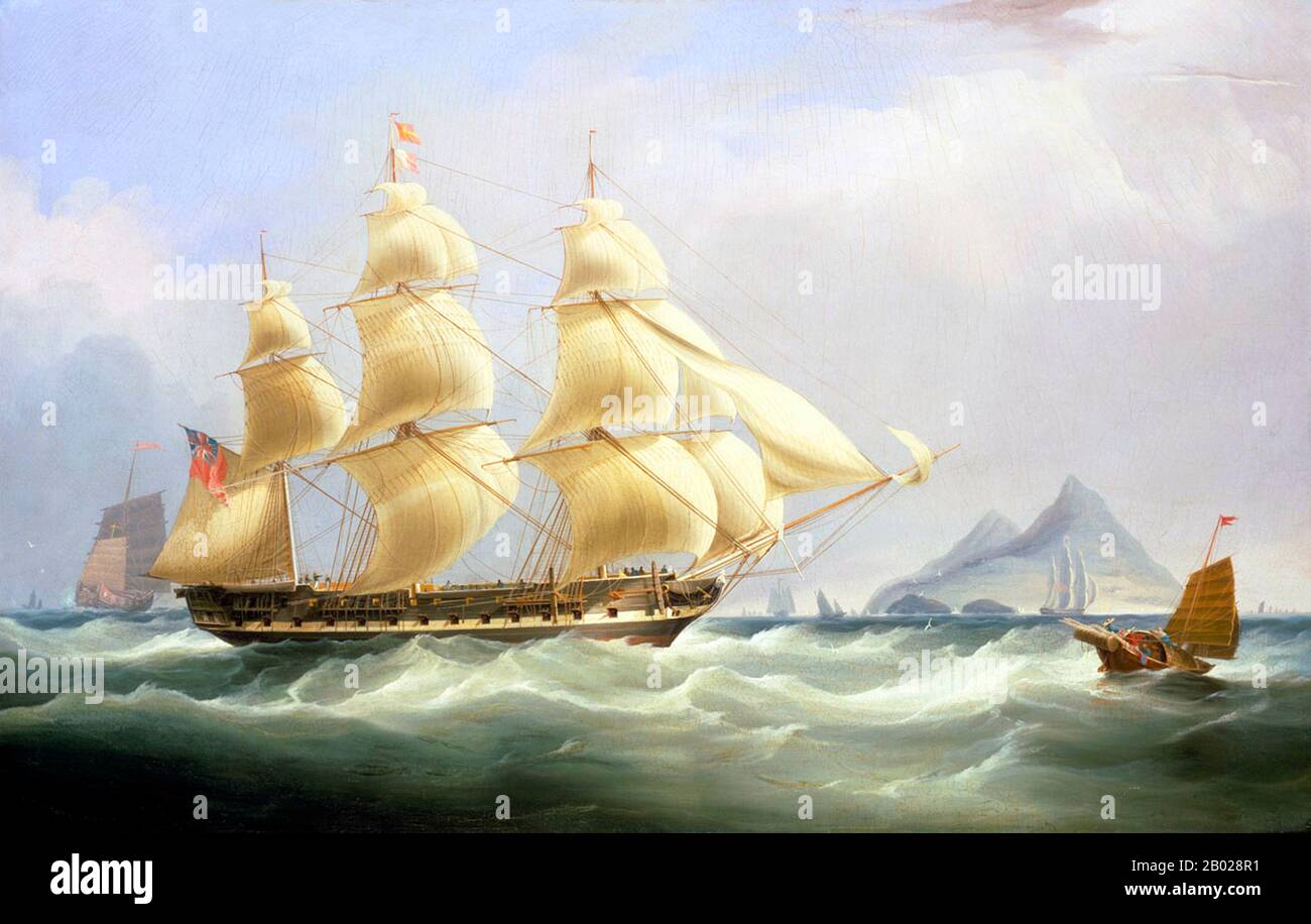 Chine : 'L'Indiaman oriental 'Asie''. Huile sur toile de William John Huggins (1781-1845), 1826. L'Asie a été construite en 1811 et est représentée au large de Hong Kong entre 1831 et 1832. Huggins l'a peinte à tribord large, battant l'enseigne rouge et distinguant des drapeaux. Les jonques chinoises sont représentées à gauche et à droite d'elle, avec plus de navires européens au loin représentés devant ce qui pourrait être l'île de Lintin (Nei Lingding). Le sujet d'Indiamen à l'est était populaire auprès de Huggins qui a commencé sa vie professionnelle en mer et a servi dans la Compagnie des Indes orientales en tant qu'intendant et assistant. Banque D'Images