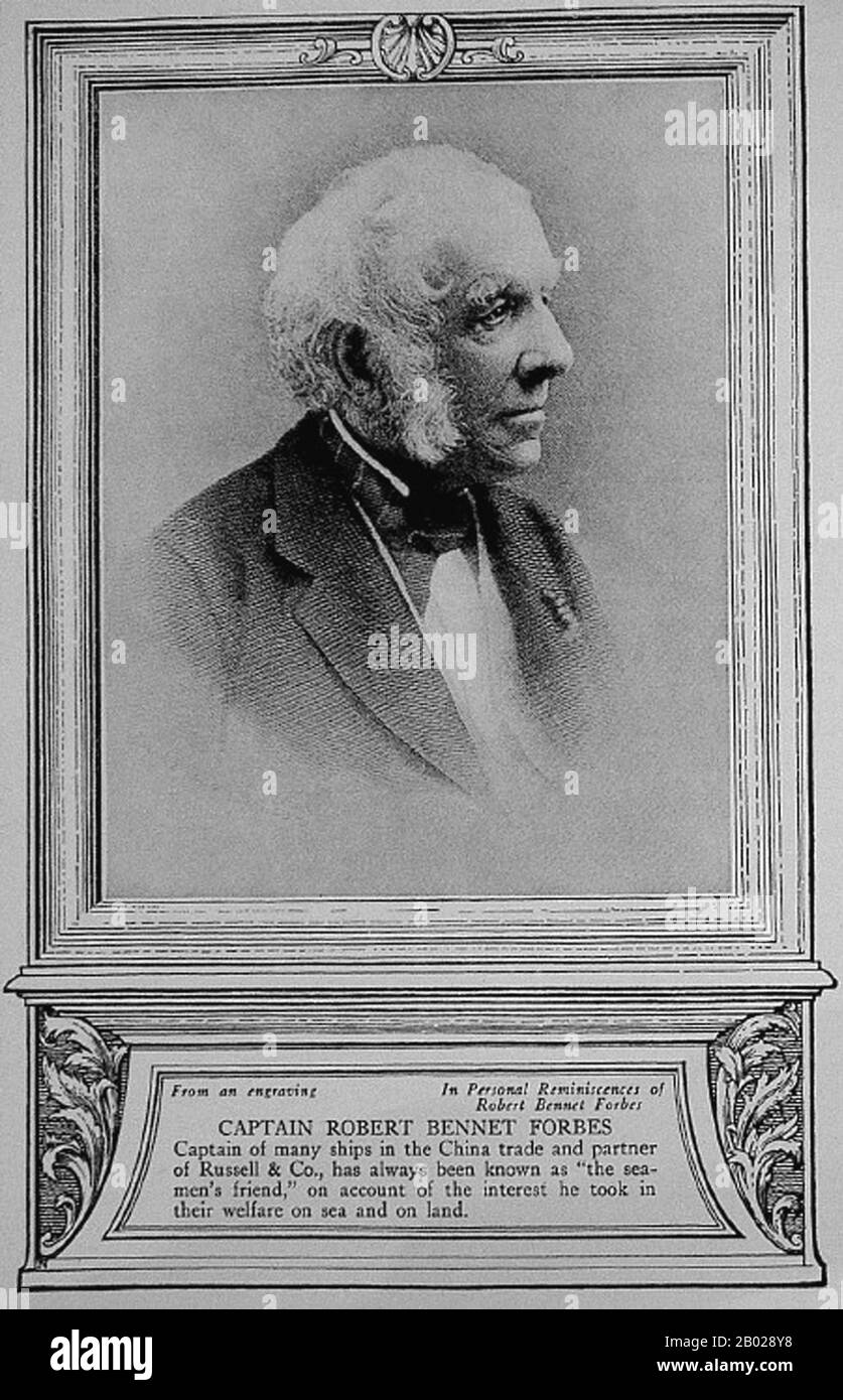 États-Unis/Chine : capitaine Robert Bennet Forbes (1804-1889), capitaine de mer, marchand chinois, armateur et négociant en opium. Gravure à partir d'une photo, v. 1889-1890. Robert Bennet Ford est né à Jamaica Plain, près de Boston, Massachusetts, fils de Ralph Bennet Forbes et épouse Margaret Perkins, de la famille Perkins, et frère de John Murray Forbes. En tant que membre de la famille Forbes de Boston, une grande partie de sa richesse provient du commerce de l'opium et de la Chine et il joue un rôle de premier plan dans le déclenchement de la guerre de l'opium. Banque D'Images