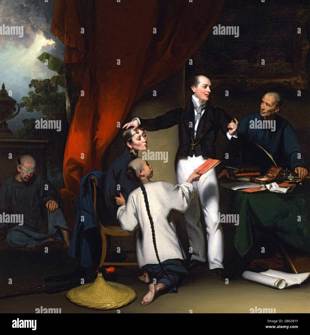 Chine : le médecin écossais Dr Thomas Colledge avec des patients chinois, Canton (Guangzhou). Huile sur toile de George Chinnery (1774-1852), v. 1833-1835. Thomas Richardson Colledge (1796 - 28 octobre 1879) était un chirurgien écossais de la Compagnie des Indes orientales à Canton qui a servi à temps partiel comme premier missionnaire médical en Chine. En 1837, il fonde et devient le premier président de la Medical Missionary Society of China. Cette peinture montre Dr Colledge après avoir terminé une opération sur une femme chinoise, expliquant le résultat à son serviteur, qui agit comme interprète. Banque D'Images