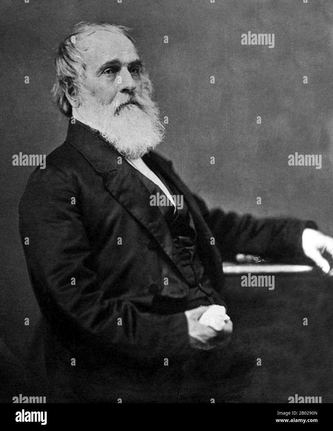 USA/Chine : Augustine Heard (30 mars 1785 - 14 septembre 1868), entrepreneur américain, homme d'affaires et négociant en opium, fondateur de la firme Augustine Heard & Co en Chine. Portrait, c. 1860s. Augustine Heard est né dans une riche famille de marchands d'Ipswich, Massachusetts. Son père, John Heard (1744-1834), avait fait fortune en commerçant avec les Antilles, et son demi-frère Daniel (1778-1801) travaillait également dans le commerce extérieur avec les Antilles et la Chine. En 1830, à l'âge de 45 ans, Heard s'installe à Canton, en Chine, où il devient associé de la société américaine Samuel Russell & Co Banque D'Images