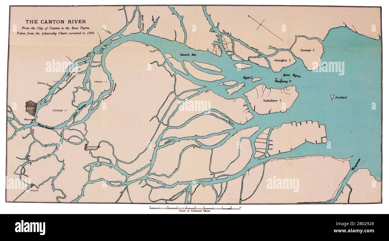 Chine : carte de l'Amirauté britannique du Canton - 'de la ville de Canton au Boca Tigre', 1906. La bataille du bogue s'est déroulée entre les forces britanniques et chinoises à Boca Tigre, en Chine, le 12-13 novembre 1856 pendant la seconde guerre de l'opium. Les Britanniques capturent les forts des îles Wangtong le 12 novembre et les forts de l'île d'Anunghoy le lendemain. Le 12 novembre, l'escadron britannique attaqua les deux forts de l'île de Wangtong, qui étaient entièrement habités et avaient plus de 200 canons montés. Les Stinkpots ont été jetés sur les Britanniques qui sont entrés les premiers dans les forts. Banque D'Images