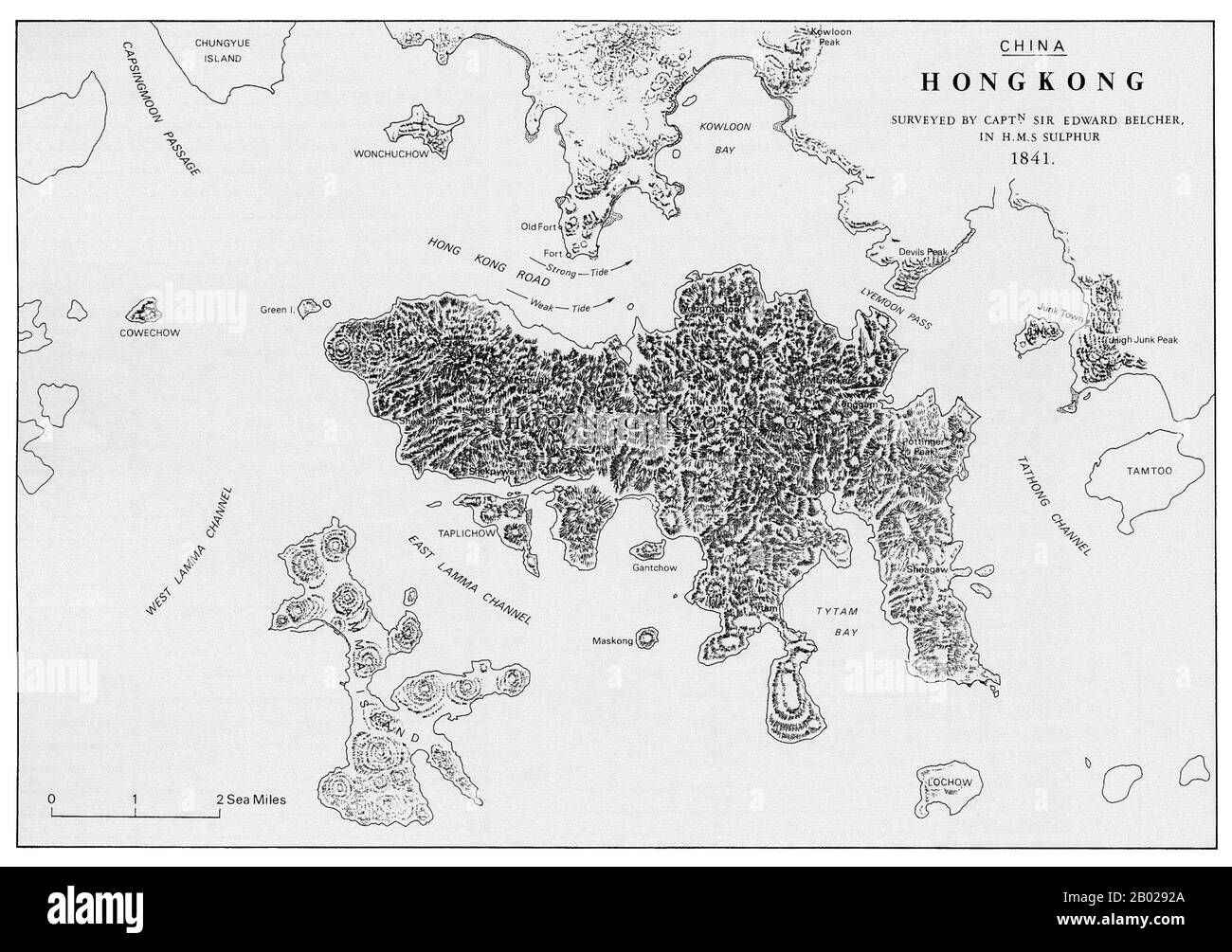 Chine/Royaume-Uni : carte de Hong Kong et de ses environs réalisée par le capitaine Sir Edward Belcher dans le HMS Sulphur, First opium War (1839-1842), 1841. La première guerre anglo-chinoise, connue sous le nom de première guerre de l'opium ou simplement guerre de l'opium, a eu lieu entre le Royaume-Uni et la dynastie Qing de Chine sur leurs points de vue contradictoires sur les relations diplomatiques, le commerce et l'administration de la justice. Les autorités chinoises voulaient mettre fin à la propagation de l'opium et confisquaient les fournitures d'opium aux commerçants britanniques. Banque D'Images