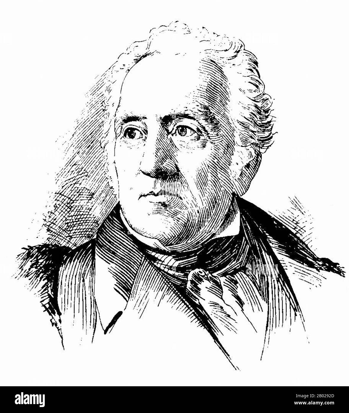 USA/Chine : Colonel Thomas Handasyd Perkins, ou T. H. Perkins (15 décembre 1764 - 11 janvier 1854), riche marchand de Boston, négrier d'esclaves et expéditeur d'opium dans le commerce chinois. Portrait de gravure au trait, v. 1830s. Thomas Handasyd Perkins était un marchand d'esclaves américain et passeur d'une famille brahmane de Boston. Il faisait le commerce des esclaves à Saint-Domingue, travaillait comme commerçant maritime de fourrures du Nord-Ouest américain vers la Chine et introduisait clandestinement de l'opium turc en Chine. Il est l'un des premiers marchands de Boston à s'engager dans le commerce de la Chine, naviguant pour la première fois à Canton en 1789. Banque D'Images