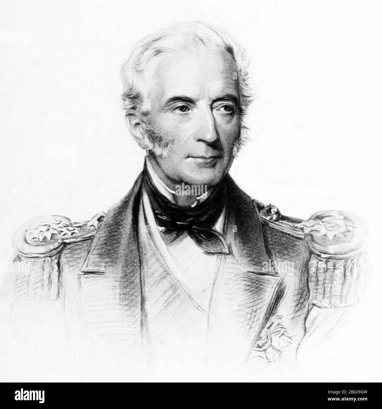 Angleterre/Royaume-Uni : vice-amiral Michael Seymour (1802-1877), commandant en chef des Indes orientales et de la China Station pendant la seconde Guerre de l'opium (1856-1860). Portrait gravé par Francis Holl (1815-1884), v. 1880s. Michael Seymour entre dans la Royal Navy en 1813. Il est fait lieutenant en 1822, commandant en 1824 et nommé capitaine en 1826. Le 19 février 1856, il est nommé commandant en chef des Indes orientales et de la China Station. Battant son pavillon sur le HMS Calcutta, il mène des opérations découlant de l'attaque sur le British Coaster Arrow et aide à détruire la flotte chinoise en juin 1857. Banque D'Images