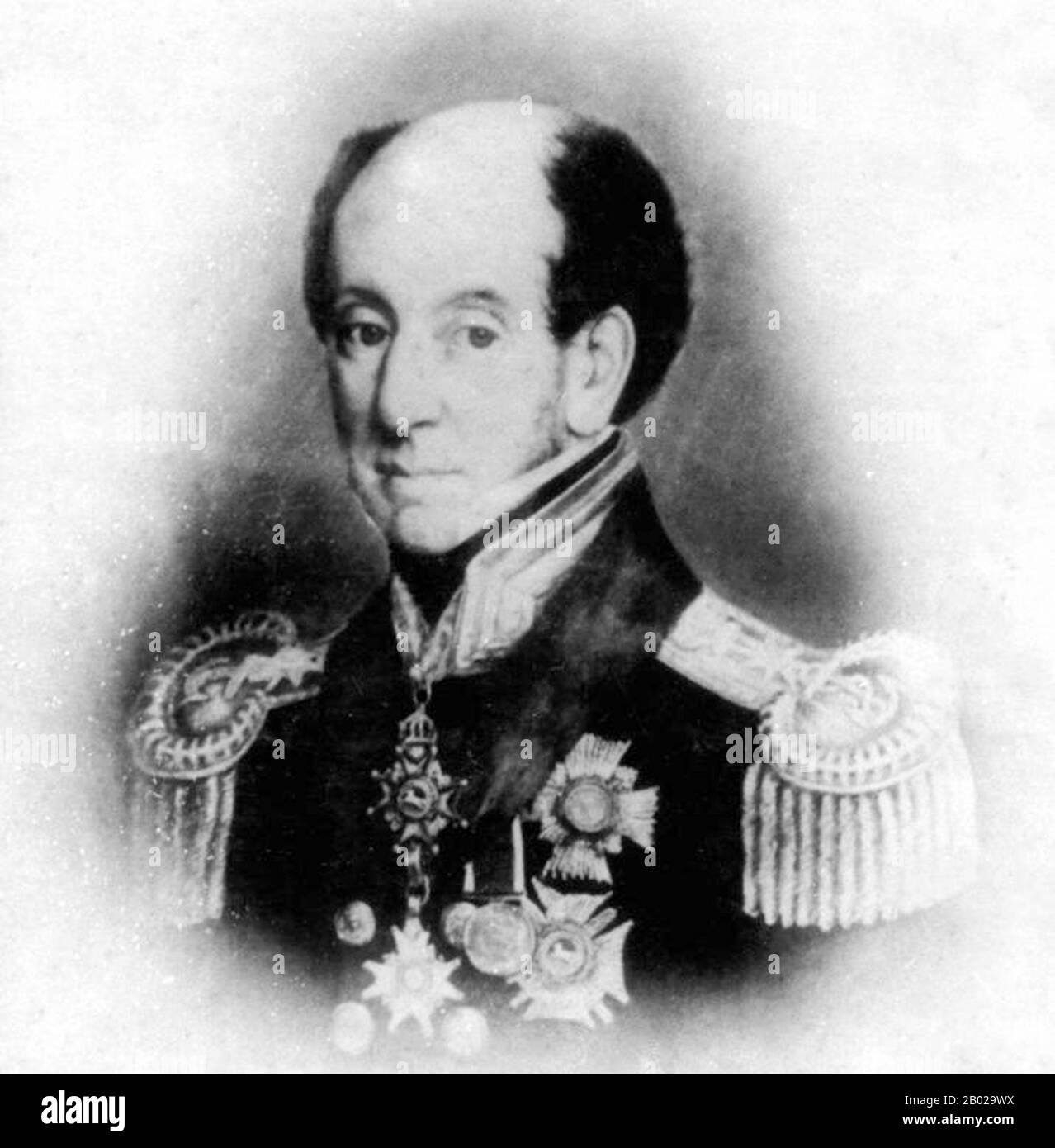 Angleterre/Royaume-Uni : Sir James John Gordon Bremer, KCB, KCH (1786-1850) officier de la Royal Navy britannique. Il a servi dans les guerres napoléoniennes, la première guerre anglo-birmane et la première guerre de l'opium (1839-1842). Portrait, c. 1842-1850. Bremer rejoint le Royal Naval College en 1797, devenant aspirant en 1802 et servant en mer du Nord. Son premier commandement fut le HMS Rattlesnake en 1807, dans les Indes orientales. En 1824, il est envoyé à Melville Island, en Australie, pour établir une colonie qui est abandonnée en 1828. Il sert comme commandant en chef temporaire des forces britanniques pendant la première guerre de l'opium. Banque D'Images