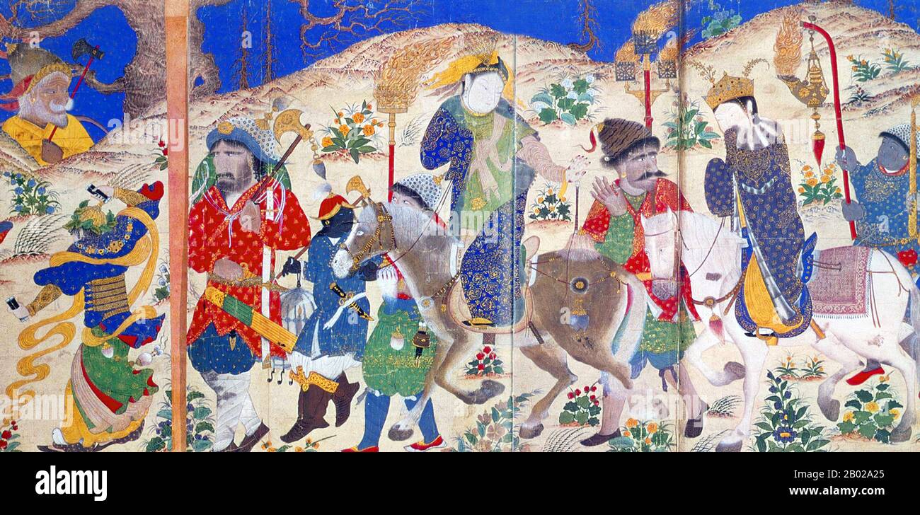 Iran/Perse/Asie centrale : une princesse chinoise et ses serviteurs sont emmenés dans une procession nuptiale pour épouser un souverain turc. Peinture à défilement manuel de l'école Siyah Kalem, v. 1470-1490. Siyah Kalem ou « Black Pen » est le nom donné à l'école de peinture du XVe siècle attribuée à Mehmed Siyah Kalem. On ne sait rien de sa vie, mais son travail indique qu'il était d'origine turque d'Asie centrale et qu'il connaissait parfaitement la vie militaire et le camp. Les peintures apparaissent dans les Albums du Conquérant, ainsi nommés parce que deux portraits du sultan Mehmed II le Conquérant sont présents dans l'un d'eux. Banque D'Images