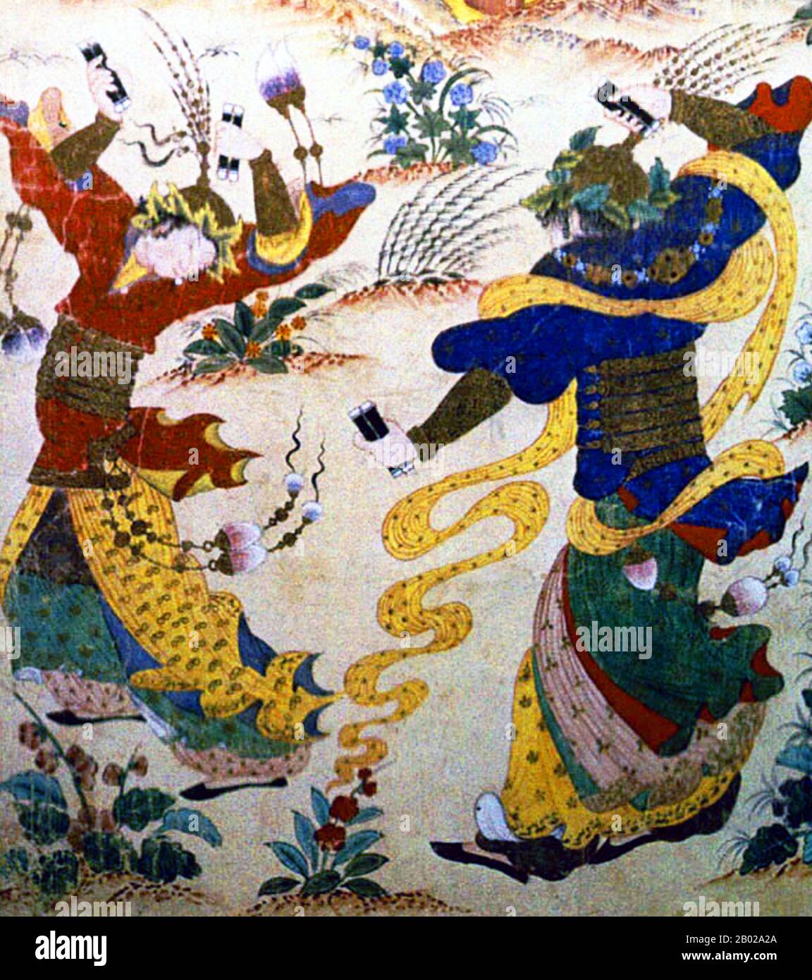 Iran/Perse/Asie centrale : détail de filles d'Asie centrale dansant dans la procession d'une princesse chinoise sur le chemin de son mariage avec un souverain turc. Peinture à la main de l'école Siyah Kalem, XVe siècle. Siyah Kalem ou « Black Pen » est le nom donné à l'école de peinture du XVe siècle attribuée à Mehmed Siyah Kalem. On ne sait rien de sa vie, mais son travail indique qu'il était d'origine turque d'Asie centrale et qu'il connaissait parfaitement la vie militaire et le camp. Les peintures apparaissent dans les Albums du Conquérant, ainsi nommés parce que deux portraits du Sultan Mehmed II le Conquérant sont présents. Banque D'Images