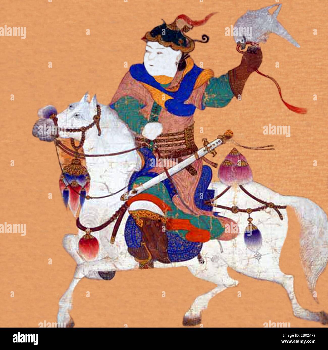 Iran/Perse/Asie centrale : fauconnier monté. Peinture miniature tirée de l'album Fatih, AQ-Qoyunlu (mouton blanc) turkmène, école Siyah Kalem, v. 1470-1490. Siyah Kalem ou « Black Pen » est le nom donné à l'école de peinture du XVe siècle attribuée à Mehmed Siyah Kalem. On ne sait rien de sa vie, mais son travail indique qu'il était d'origine turque d'Asie centrale et qu'il connaissait parfaitement la vie militaire et le camp. Les peintures apparaissent dans les Albums du Conquérant, ainsi nommés parce que deux portraits du sultan Mehmed II le Conquérant sont présents dans l'un d'eux. Banque D'Images