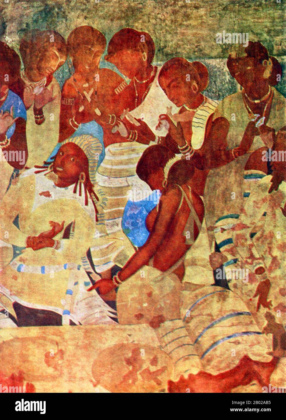 Inde : femmes musiciens et danseuse, grottes de Bagh (5ème-6ème siècle de notre ère), district de Dhar, État du Madhya Pradesh. Les grottes de Bagh sont un groupe de neuf monuments taillés dans la roche, situés sur les pentes sud de la chaîne de Vindhya dans le district de Dhar dans le Madhya Pradesh. On pense qu'ils ont été établis par un moine bouddhiste nommé Dataka entre le IVe et le vie siècle de notre ère. Les grottes sont célèbres pour les peintures exquises trouvées dans certaines des grottes. Les peintures sur les murs et les plafonds des viharas de Bagh ont été exécutées à tempera. Banque D'Images