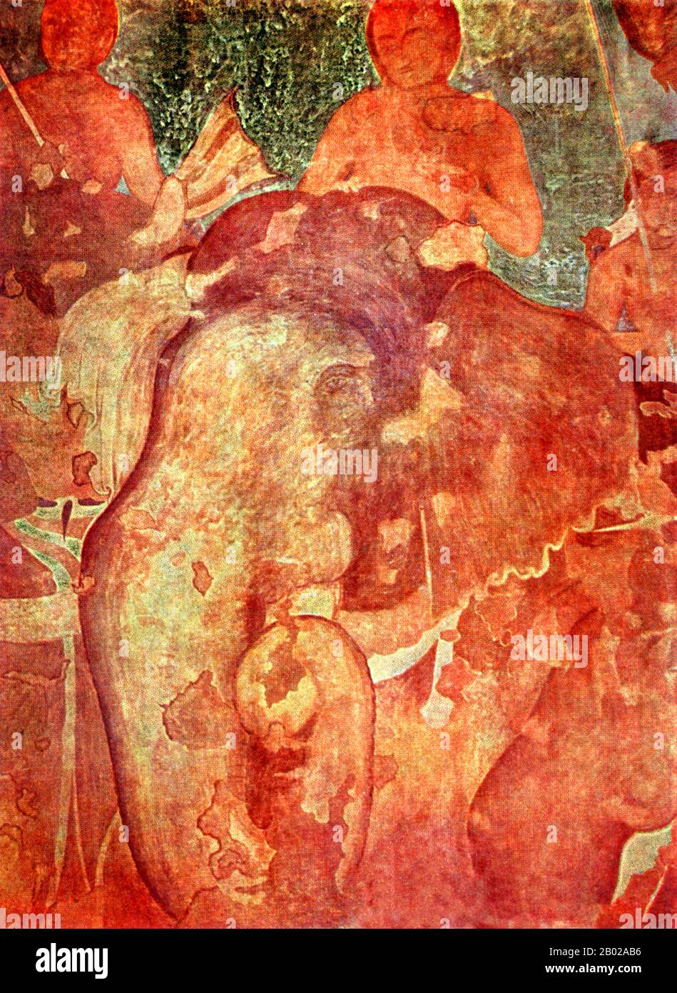 Inde : un éléphant et un cavalier dans une procession, Bagh (Ve-vie siècle EC), district de Dhar, État du Madhya Pradesh. Les grottes de Bagh sont un groupe de neuf monuments taillés dans la roche, situés sur les pentes sud de la chaîne de Vindhya dans le district de Dhar dans le Madhya Pradesh. On pense qu'ils ont été établis par un moine bouddhiste nommé Dataka entre le IVe et le vie siècle de notre ère. Les grottes sont célèbres pour les peintures équisites trouvées dans certaines grottes. Les peintures sur les murs et les plafonds des viharas de Bagh ont été exécutées à tempera. Banque D'Images