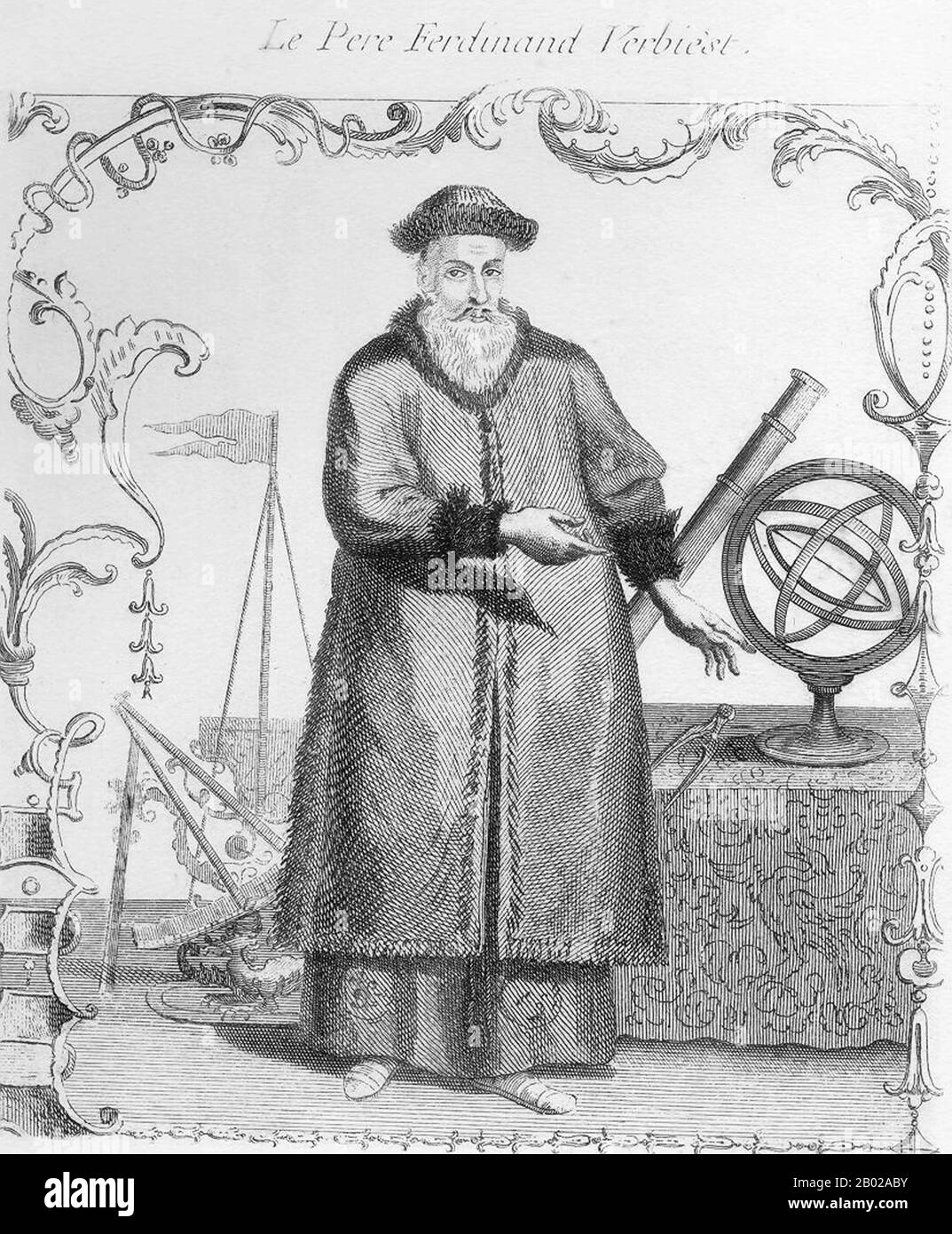 Le père Ferdinand Verbiest (9 octobre 1623 – 28 janvier 1688) était un missionnaire jésuite flamand en Chine pendant la dynastie Qing. Il est né à Pittem près de Tielt en Flandre, plus tard dans une partie de l'état moderne de la Belgique. Il était connu sous le nom de Nan Huairen (南懷仁) en chinois. Il était un mathématicien et astronome accompli et a prouvé à la cour de l'empereur Kangxi que l'astronomie européenne était plus précise que l'astronomie chinoise. Il a ensuite corrigé le calendrier chinois et a ensuite été invité à reconstruire et à rééquiper l'Observatoire antique de Beijing, étant donné le rôle de chef du Conseil mathématique an Banque D'Images