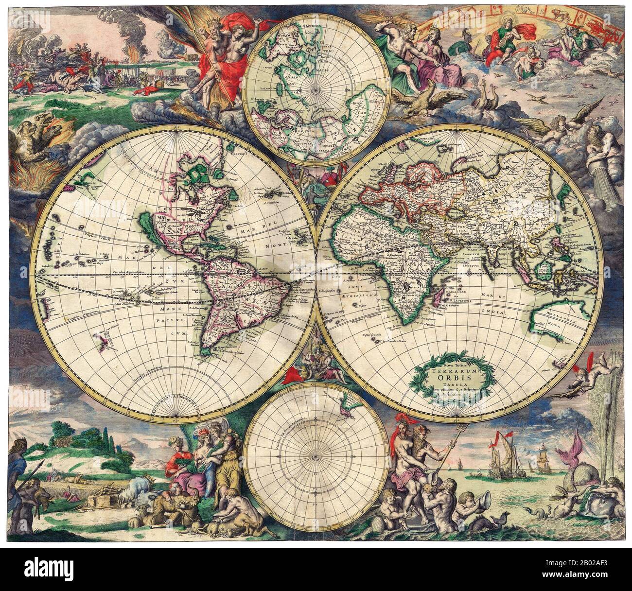 Pays-Bas/Hollande : carte du monde 'Nova totius terrarum orbis tabula Amstelodami'. Gravure sur cuivre de Gerard van Schagen (v. 1642-1724), Amsterdam, 1689. Gerrit Lucasz van Schagen ou van Schaagen (latinisé en Gerardus a Schagen) était un cartographe d'Amsterdam, bien connu pour ses cartes. Il a vécu et travaillé à Amsterdam, dans la Haarlemmerstraat près de l'écluse de New Haarlem. Banque D'Images