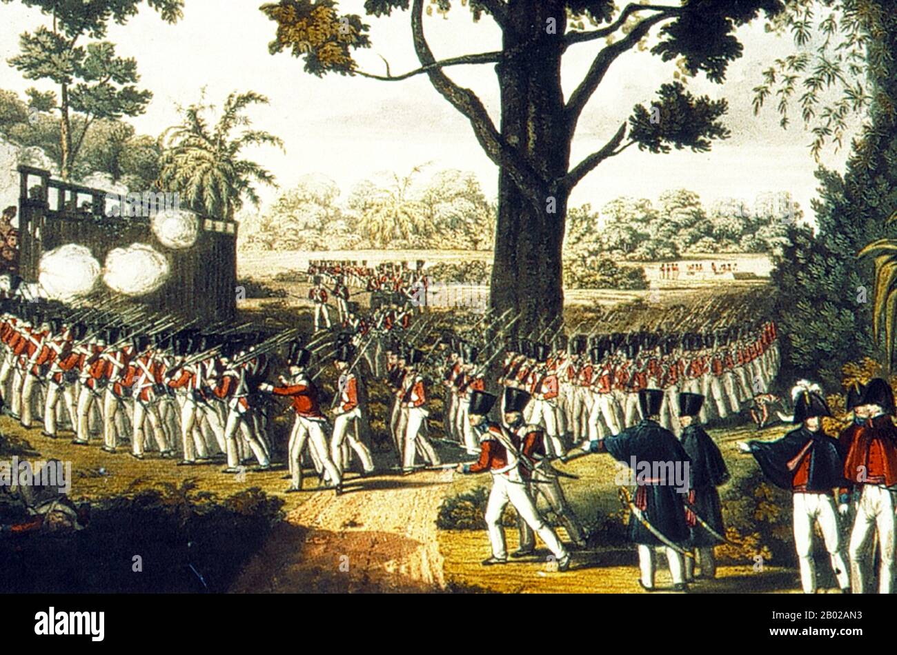 La première guerre anglo-birmane (5 mars 1824 – 24 février 1826) fut la première des trois guerres qui se sont déroulées entre l'Empire britannique et l'Empire birman au XIXe siècle. La guerre, qui a commencé principalement par le contrôle du nord-est de l'Inde, s'est terminée par une victoire britannique décisive, donnant le contrôle total britannique d'Assam, de Manipur, de Cachar et de Jaintia ainsi que de la province d'Arakan et de Tenasserim. Les Birmans ont également été contraints de payer une indemnité d'un million de livres sterling et de signer un traité commercial. La guerre a été la guerre la plus longue et la plus coûteuse de l'histoire de l'Inde britannique. Quinze mille Européens et Indi Banque D'Images