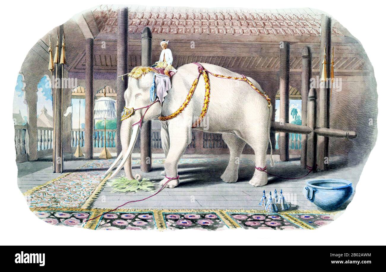 Birmanie/Myanmar : éléphant blanc avec mahout dans le palais royal d'Amarapura. Aquarelle de Colesworthy Grant (25 octobre 1813 -31 mai 1880), 1855. Aquarelle avec plume et encre du 'Lord White Elephant', un éléphant blanc rare et de bon augure gardé par le roi à Amarapura. De : « une série de vues à Burmah prises lors de la mission du major Phayre à la Cour d'Ava en 1855 ». Banque D'Images