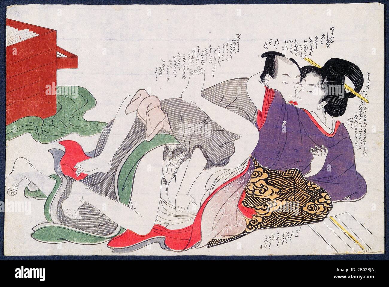 Kitagawa Utamaro (env. 1753 - 31 octobre 1806) était un peintre et graveur japonais, considéré comme l'un des plus grands artistes de gravures de bois (ukiyo-e). Il est surtout connu pour ses études magistralement composées de femmes, connues sous le nom de bijinga. Il a également produit des études sur la nature, notamment des livres illustrés d'insectes. Banque D'Images