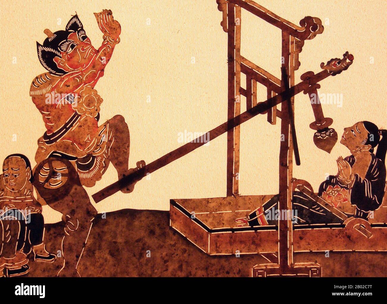 Chine : figures de marionnettes d'ombre chinoises dépeignant la punition de l'estomac écrasant attendant les pécheurs dans l'enfer bouddhiste, fin de la période de la dynastie Qing. Photo de Dr. Meierhofer (licence CC BY-sa 3,0). Le jeu d'ombres (chinois : pí yĭng xì) ou marionnettes d'ombres est une ancienne forme de narration et de divertissement utilisant des figures opaques, souvent articulées devant un fond éclairé pour créer l'illusion d'images en mouvement. Il est populaire dans diverses cultures. À l'heure actuelle, plus de 20 pays sont connus pour avoir des troupes de spectacles d'ombre. La marionnette d'ombre est née pendant la dynastie Han. Banque D'Images