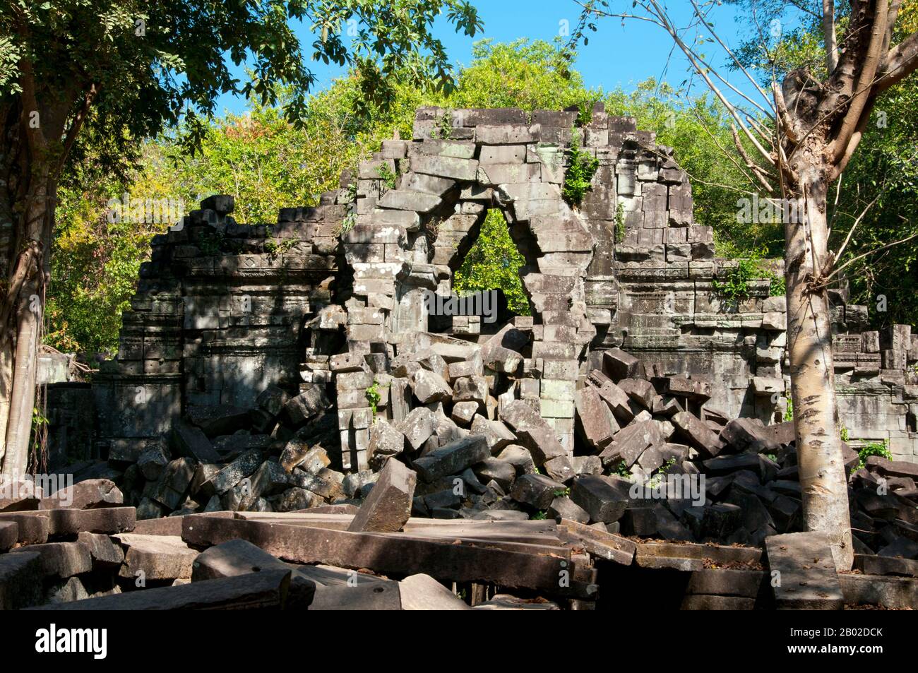 Cambodge: Beng Mealea (temple khmer du 12th siècle), 40km à l'est du principal groupe de temples d'Angkor. Beng Mealea a été construit comme un temple hindou, mais il y a quelques sculptures représentant des motifs bouddhistes. L'histoire du temple est inconnue et ne peut être datée que par son style architectural, identique à celui d'Angkor Wat, de sorte que les érudits ont supposé qu'il avait été construit pendant le règne du roi Suryavarman II au début du siècle 12th. De plus petite taille qu'Angkor Wat, le principal monument du roi, Beng Mealea se classe néanmoins parmi les plus grands temples de l'empire khmer. Banque D'Images