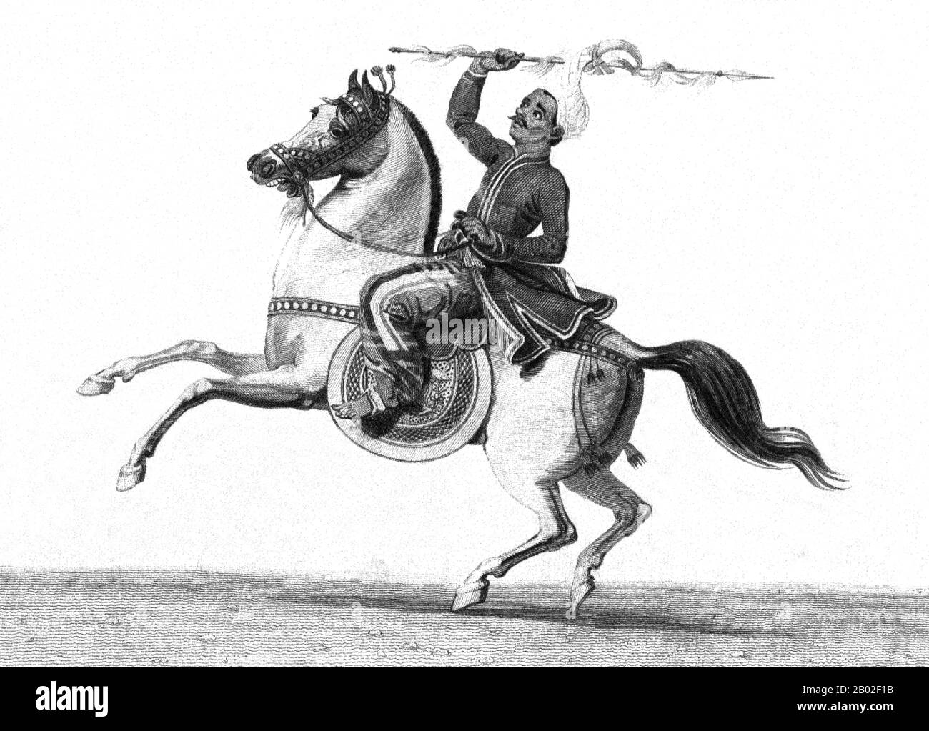 Inde/Birmanie/Manipur : un cavalier 'Cassay' du Manipur au service de l'armée birmane. Gravure de Thomas Medland (1765-1833), à l'origine d'un dessin de Singey Bey (fl. 1790s-1800), 1799. Au début de 1756, l'armée birmane du roi Alaungpaya a vaincu l'armée du Manipuri et saccagé tout le pays. Alaungpaya mène une autre expédition en novembre 1758, cette fois pour placer le candidat birman sur le trône de Manipuri. Ses armées envahissent la route du Khumbat dans la vallée du Manipur et surmontent la résistance féroce du Manipuri à Palel, lors de leur marche vers Imphal, la capitale du Manipuri. Banque D'Images