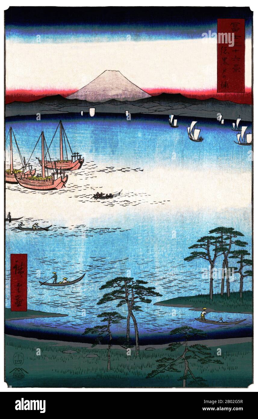 Trente-six Vues sur le Mont Fuji (japonais: 富士三十六景; Fuji Sanjū-Rokkei) est le titre de deux séries de gravures de bois de l'artiste japonais ukiyo-e Andō Hiroshige, représentant le Mont Fuji en différentes saisons et conditions météorologiques à partir de divers endroits et distances. La série 1852 est en orientation paysage ; la série 1858 est en orientation portrait. Utagawa Hiroshige (歌川 広重, 1797 – 12 octobre 1858) était un artiste ukiyo-e japonais et l'un des derniers grands artistes de cette tradition. Il a également été appelé Andō Hiroshige (安藤 広重) (une combinaison irrégulière de nom de famille et Banque D'Images