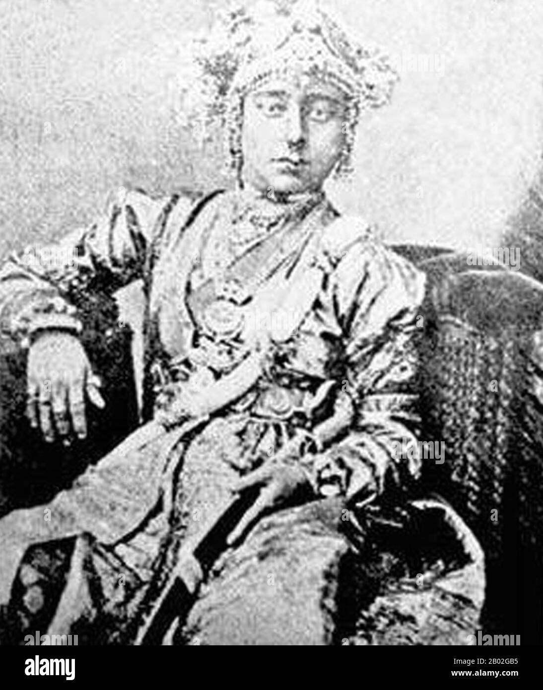 Lakshmi Bai, le Rani de Jhansi (19 novembre 1835 – 17 juin 1858, (Marathi- झाशीची राणी लक्ष्मीबाई) était la reine de l'état princière de Maratha dirigé de Jhansi, situé dans la partie centrale nord de l'Inde. Elle a été l'une des figures les plus importantes de la rébellion indienne de 1857 et un symbole de résistance à la règle de la British East India Company dans le sous-continent. Banque D'Images