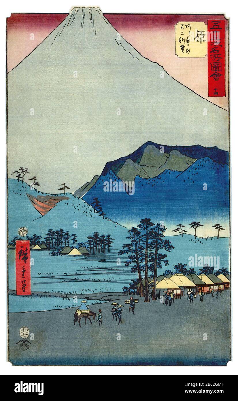 Utagawa Hiroshige (歌川 広重, 1797 – 12 octobre 1858) était un artiste ukiyo-e japonais et l'un des derniers grands artistes de cette tradition. Il a également été appelé Andō Hiroshige (安藤 広重) (une combinaison irrégulière de nom de famille et de nom d'art) et par le nom d'art de Ichiyūsai Hiroshige (一幽斎廣重). Le Tōkaidō (東海道 East Sea Road) était le plus important des Cinq Itinéraires de la période Edo, reliant Edo (Tokyo moderne) à Kyoto au Japon. Contrairement à l'intérieur des terres et moins fortement voyagé Nakasendō, le Tōkaidō a voyagé le long de la côte de la mer de l'est Honshū, d'où le nom de la route. Banque D'Images