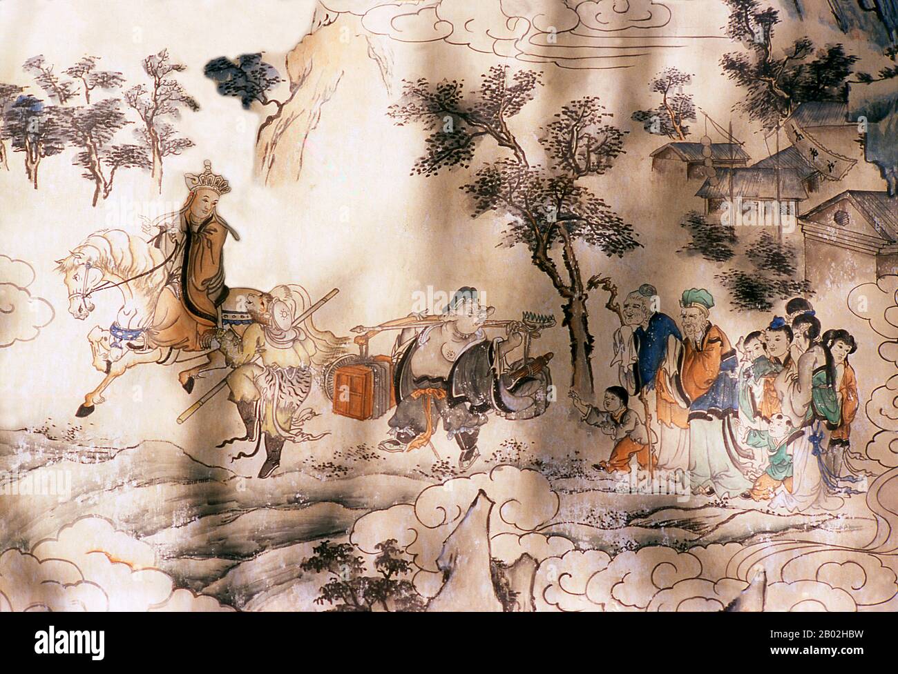 Chine : scène de « voyage à l’Ouest » près du temple du Grand Bouddha, Zhangye, province du Gansu. 'Voyage vers l'Ouest' est l'un des quatre grands romans classiques de la littérature chinoise. Publié à l'origine anonymement dans les années 1590 sous la dynastie Ming, sa paternité a été attribuée à l'érudit Wu Cheng'en depuis le XXe siècle. Dans les pays anglophones, le conte est aussi souvent connu simplement sous le nom de singe. Le roman est un récit fictif du légendaire pèlerinage en Inde du moine bouddhiste Xuanzang. Le moine voyage dans les régions occidentales pendant la dynastie Tang. Banque D'Images